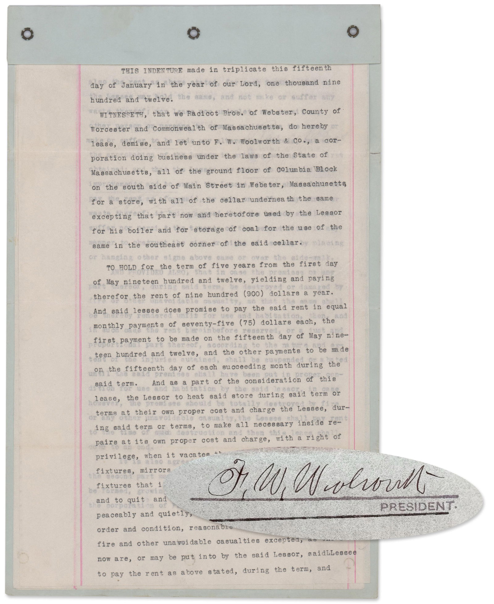 Woolworth Leases a Storefront in 1912 Just Months Before Consolidating his 596 Stores!: Frank Woolworth Webster, MA, January 15, 1912 Woolworth Leases a Storefront in 1912 Just Months Before Consolidating his 596 Stores! DS Frank Woolworth Typed Document Signed. 3pp, 8” x 13”