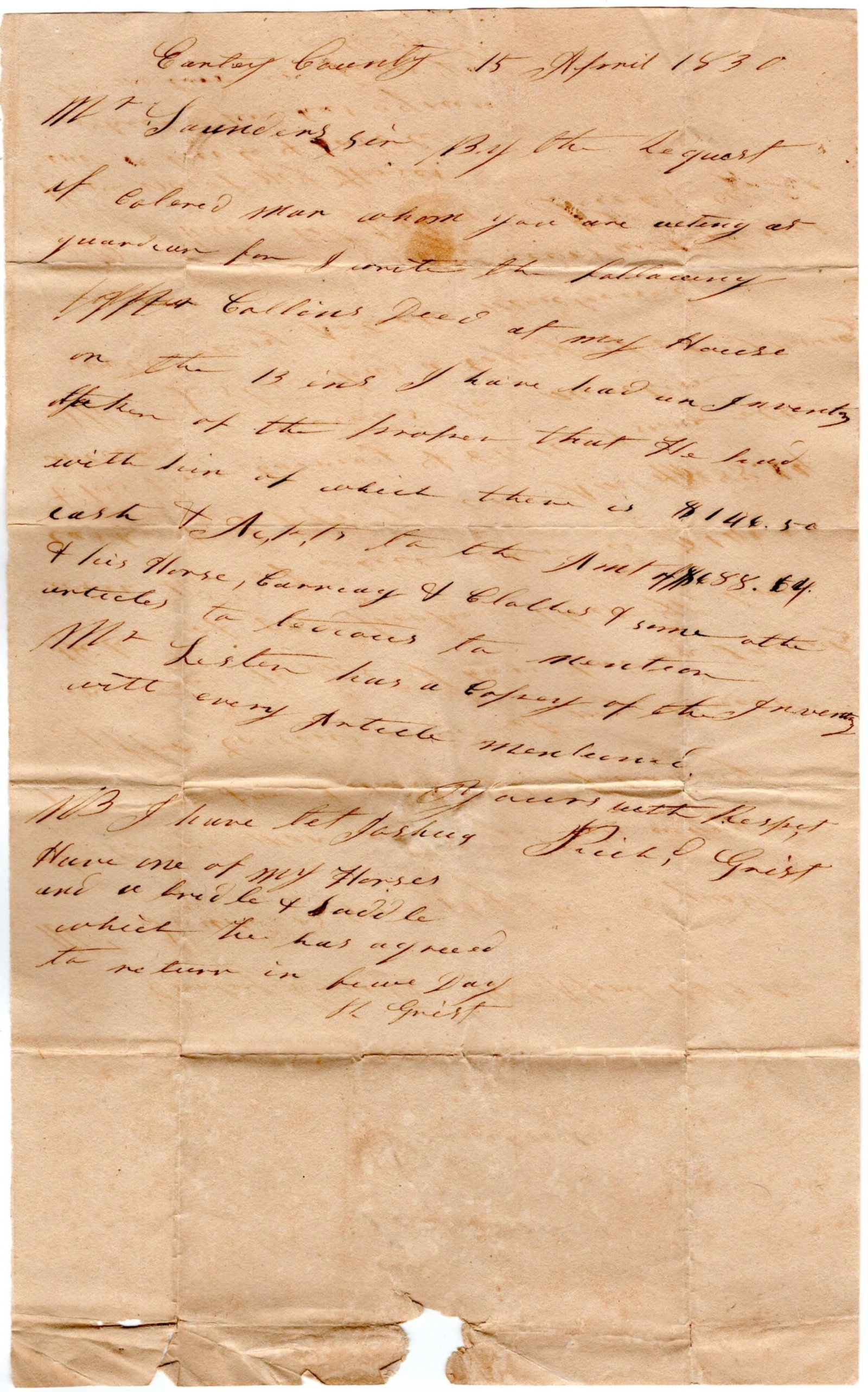 Georgia Farmer Writes to Guardian of Free Black Man (1 of 3)