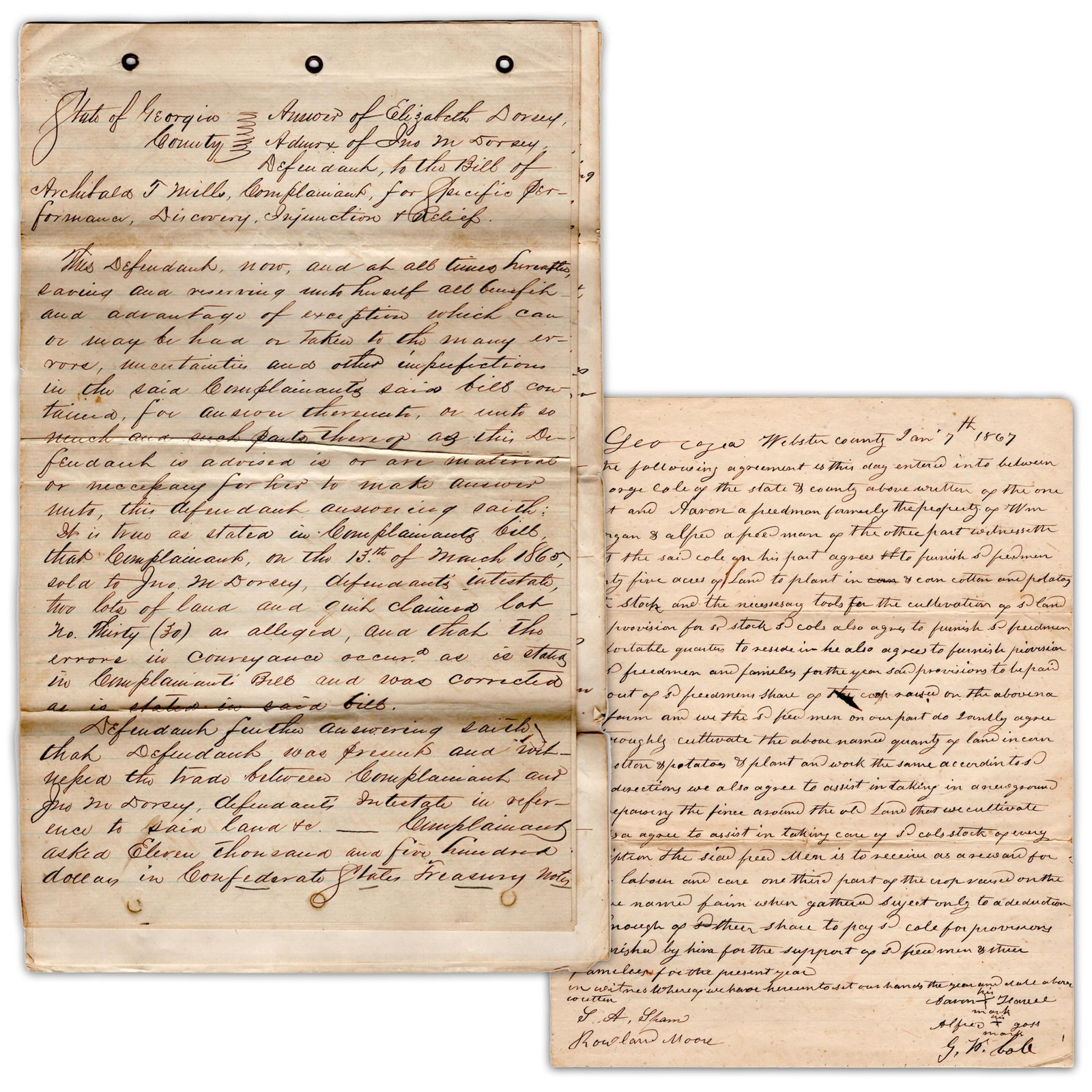 Georgia Slaveowners & Freedpeople Adjust to the End of Slavery: African American Georgia, ca. 1867 Georgia Slaveowners & Freedpeople Adjust to the End of Slavery ADS [AFRICAN AMERICAN.] - George W. Cole, Aaron [?], and Alfred Goss, Autograph Document Signed, Share