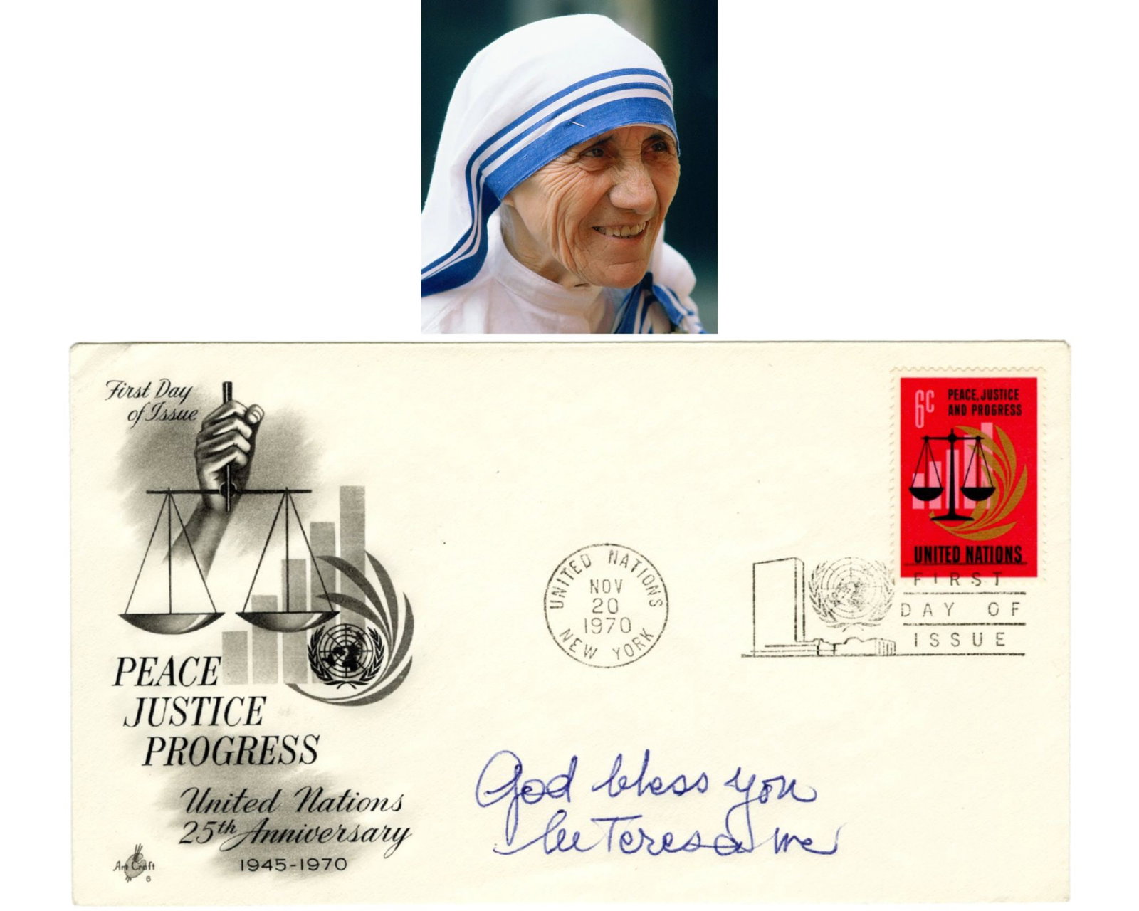 Mother Teresa Signed "Peace, Justice, Progress" Unique United Nations First Day Cover (1 of 4)