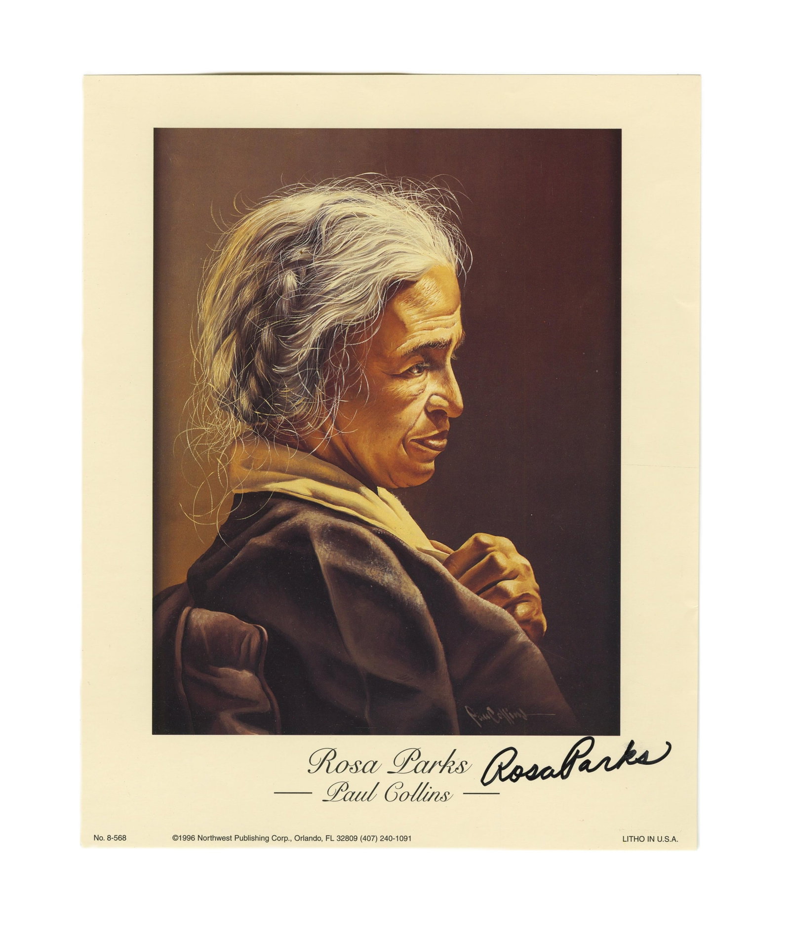 Rosa Parks Boldly Signed Portrait: Rosa Parks n.p., ca. 1997 Rosa Parks Boldly Signed Portrait Signed art Rosa Parks (1913-2005). Paul Collins illustrated portrait lithograph of Rosa Parks, signed by the Civil Rights icon as "Rosa Park