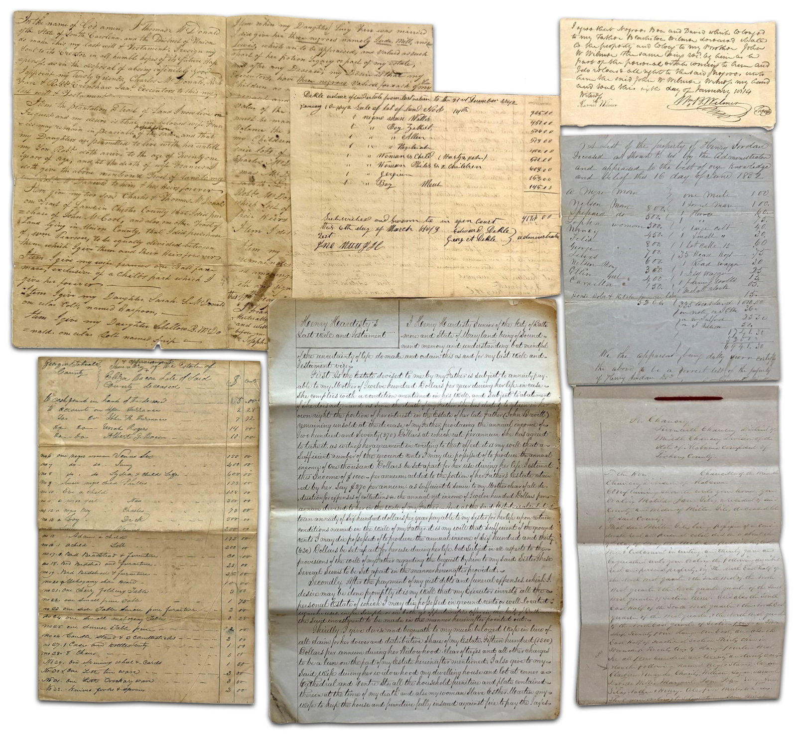 Division & Valuation of Slaves in Wills & Estates: Slavery Alabama, Georgia, Maryland, South Carolina, ca. 1800-1864 Division & Valuation of Slaves in Wills & Estates Archive [SLAVERY.] Archive, 1800-1864. - Frances McDonald, Manuscript Document Signe