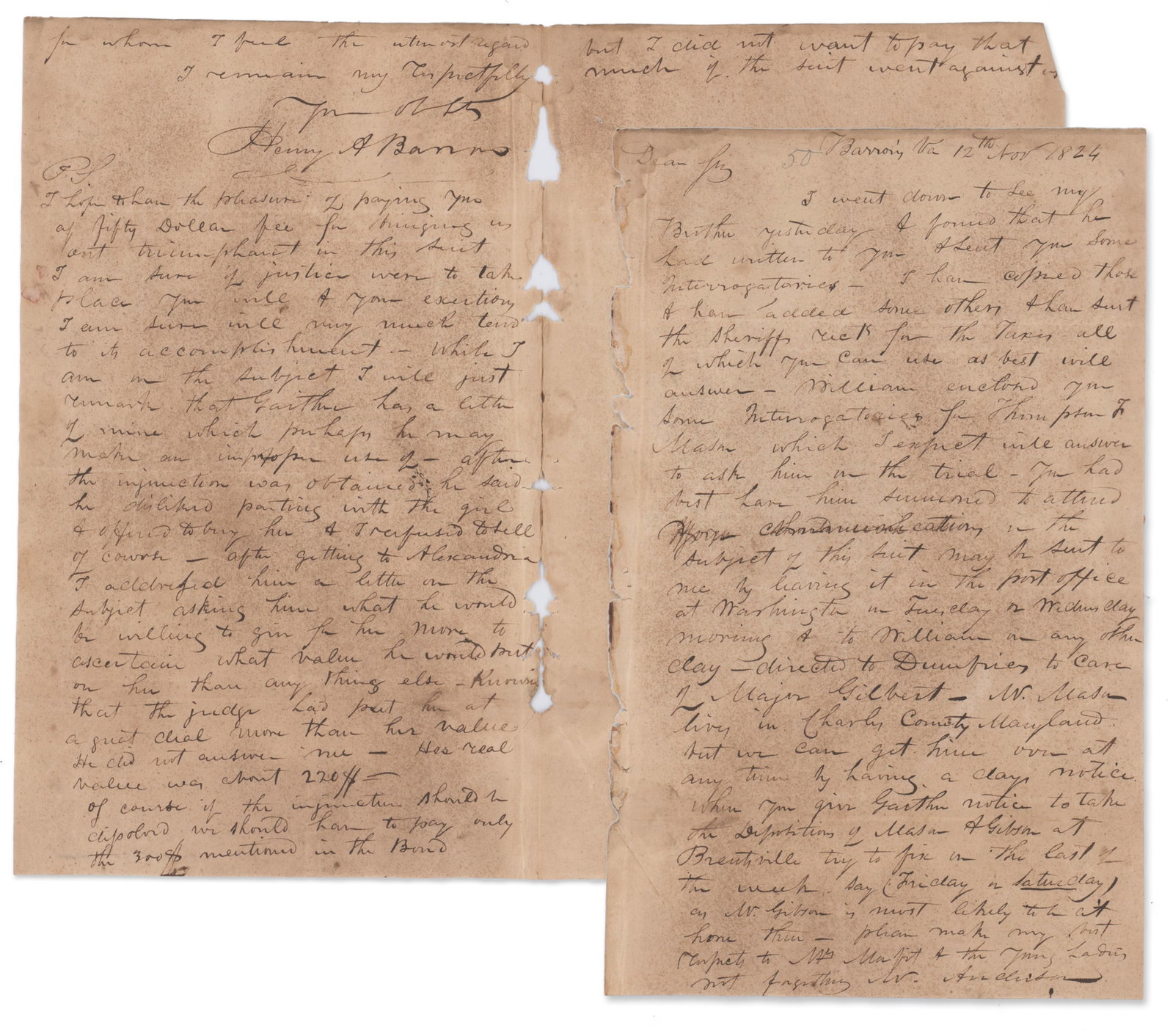 Values of Slaves Letter Discussing Legal Strategy on a Case Involving Ownership (1 of 4)