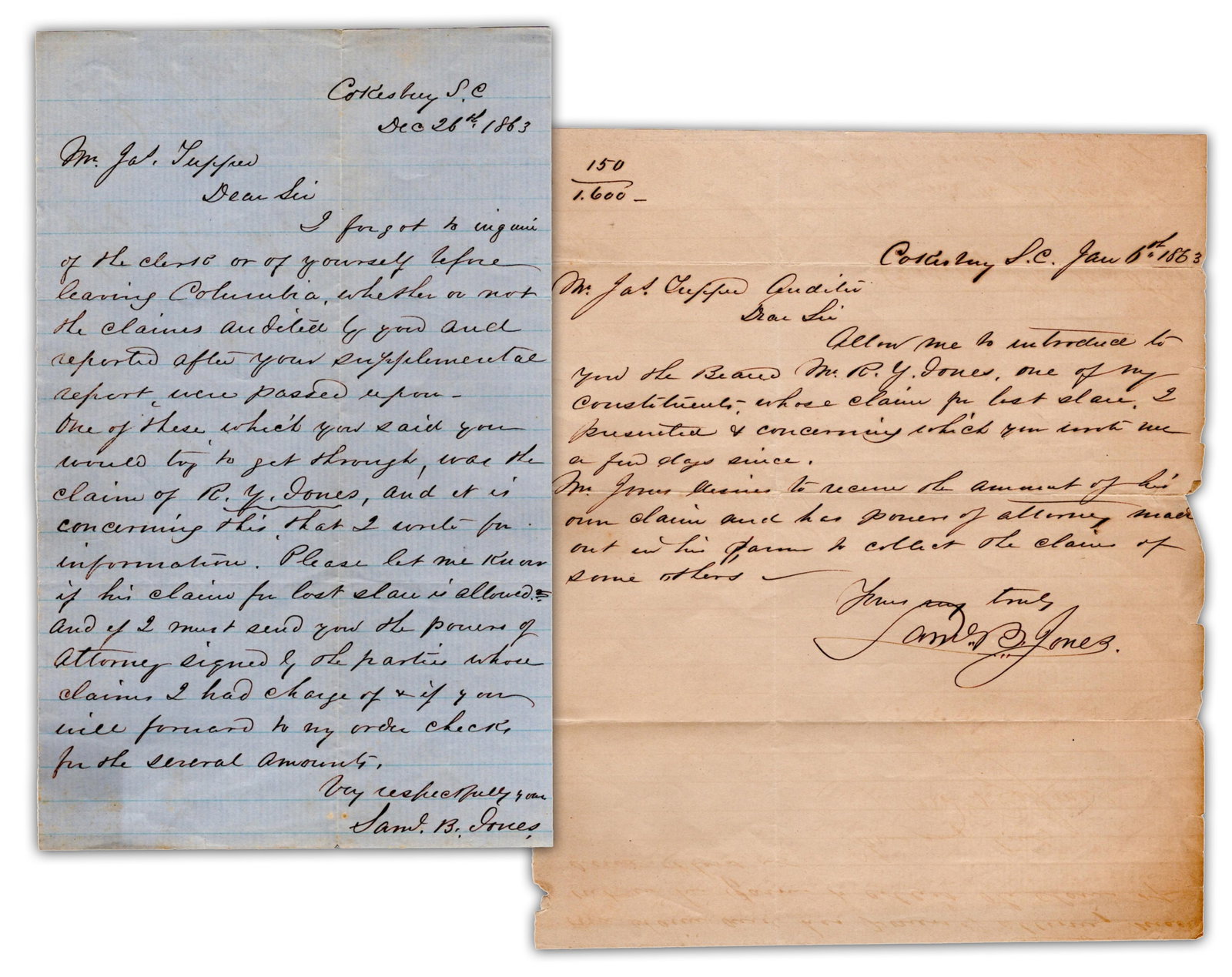 South Carolina Minister Helps Slaveowner Seek Compensation from State for Impressed Slave: Slavery Cokesbury, SC, January 6, 1863; December 28, 1863 South Carolina Minister Helps Slaveowner Seek Compensation from State for Impressed Slave ALS [CIVIL WAR.] Samuel B. Jones, Autograph Letter S