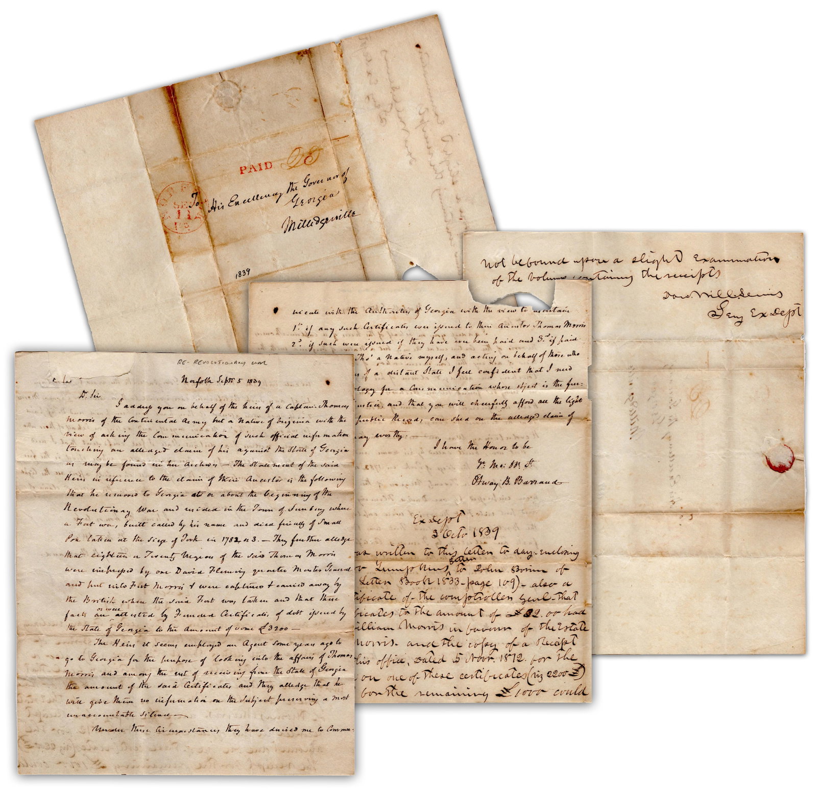 Family Seeks Information on Compensation for Slaves Lost in Revolutionary War at Ft. Morris - They: Slavery Norfolk, VA, September 5, 1839 Family Seeks Information on Compensation for Slaves Lost in Revolutionary War at Ft. Morris - They Were Owned by Morris! ALS [SLAVERY.] Otway B. Barraud, Autogra
