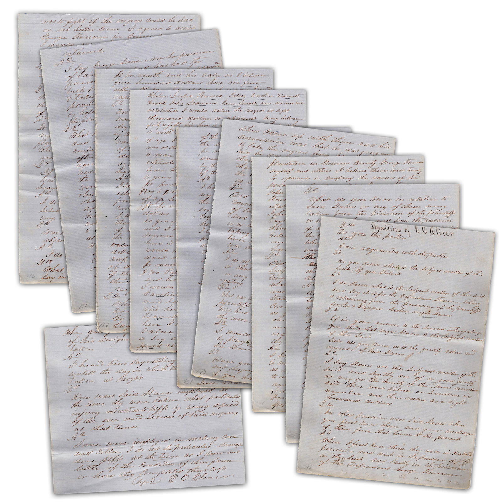 Texas Slaveholder Seizes Slaves from Fellow Slaveholders to Prevent Their Being Sold Out of the: Slavery Texas, ca. 1851 Texas Slaveholder Seizes Slaves from Fellow Slaveholders to Prevent Their Being Sold Out of the State MDS [SLAVERY.] Copy of Egbert. O. Oliver, Manuscript Document Signed, Depo