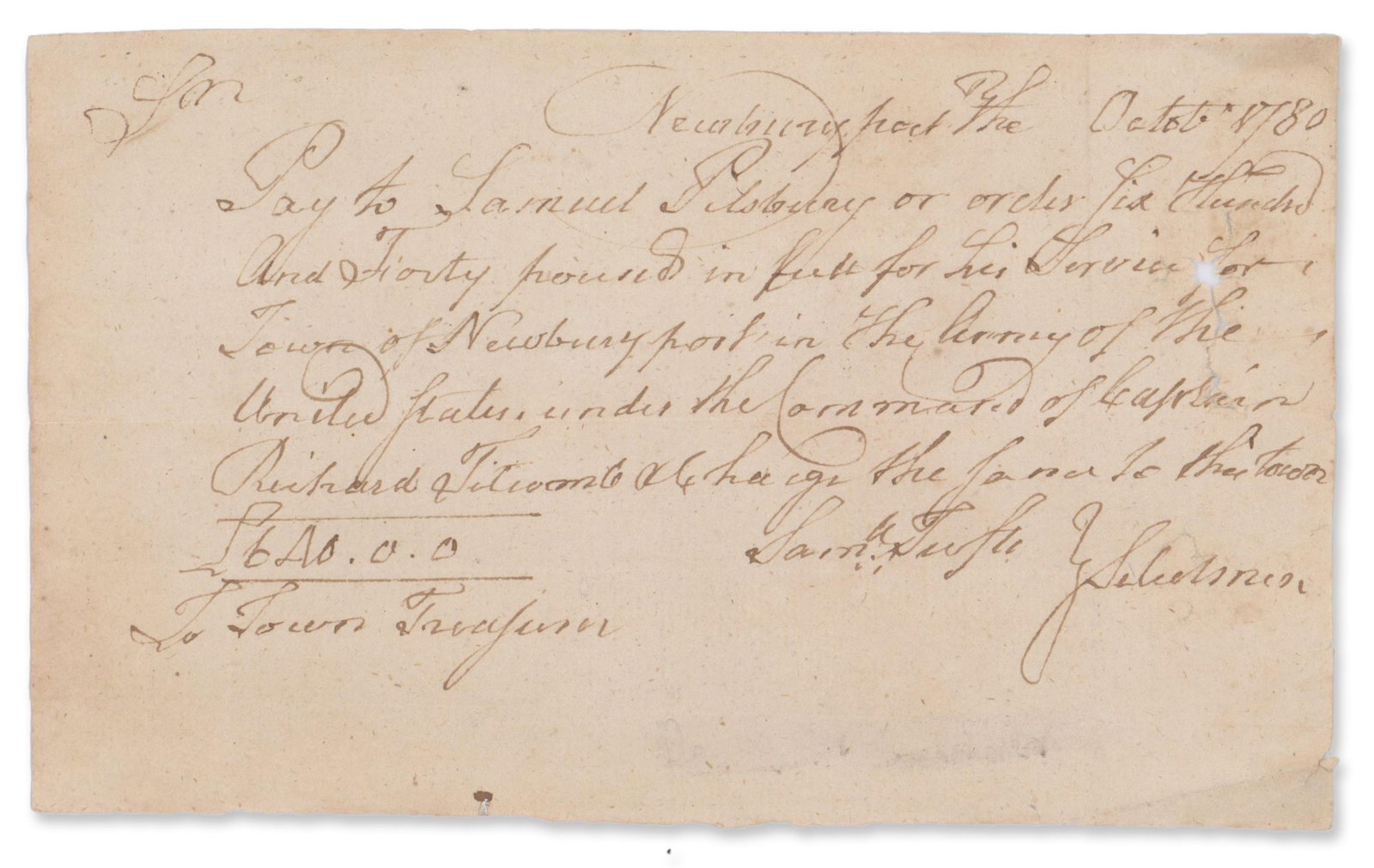 Revolutionary War Pay Order to Samuel Pillsbury, Said to Have Rowed B. Arnold to the HMS Vulture (1 of 2)