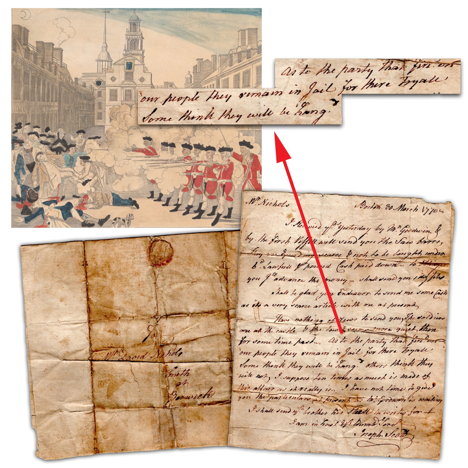 Boston Massacre, Just Days After: “As to the Party that fired on our people they remain in: Boston Massacre Boston, MA, March 30, 1770 Boston Massacre, Just Days After: “As to the Party that fired on our people they remain in Jail for there tryall” - Virtually Unique on the Marke