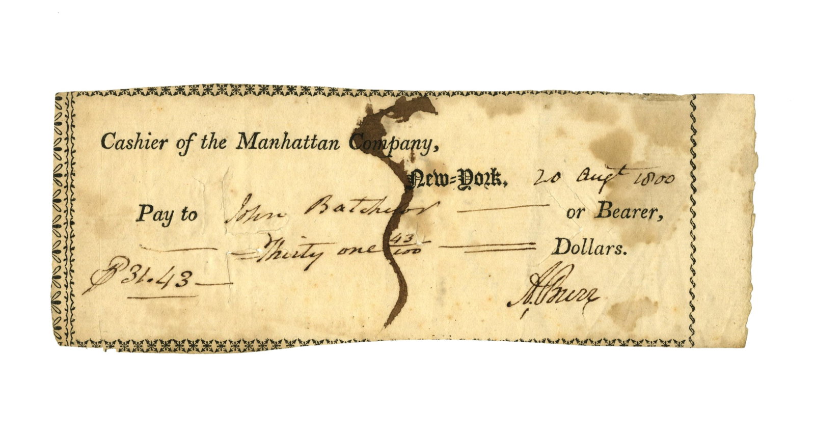 Aaron Burr Signed Manhattan Company Check (1 of 2)