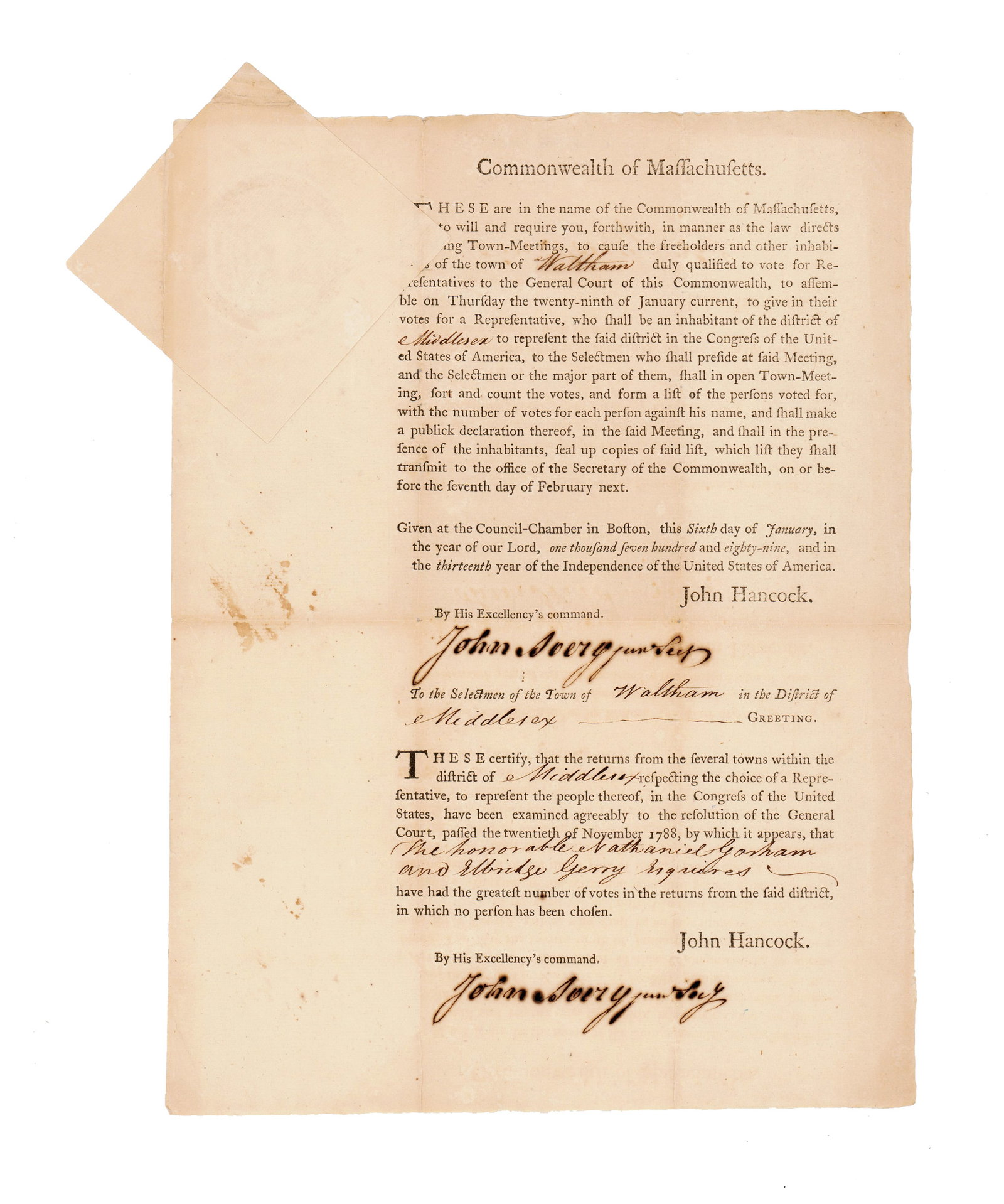 J. Hancock Re: Nathaniel Gorham and Fellow Declaration Signer Elbridge Gerry, Winning Election: John Hancock Boston, MA, January 6, 1789 J. Hancock Re: Nathaniel Gorham and Fellow Declaration Signer Elbridge Gerry, Winning Election Broadside A broadside from the Commonwealth of Massachusetts, di