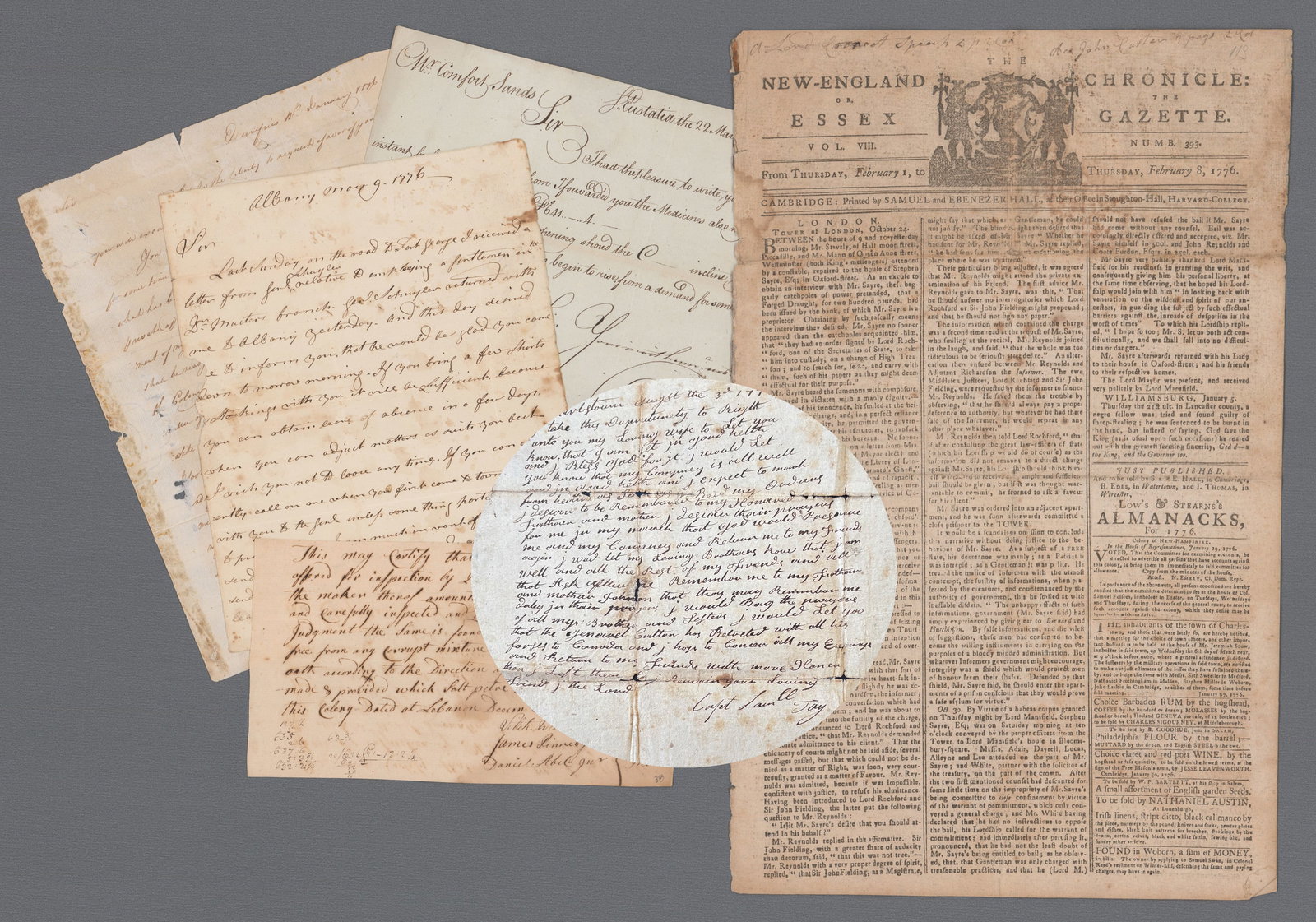 1776 Group Lot Including a Soldier's Letter, Receipt for Salt Peter, and a Request to Leave the: Revolutionary War various places, ca. 1776 1776 Group Lot Including a Soldier's Letter, Receipt for Salt Peter, and a Request to Leave the Colonies Archive Fabulous group lot of Revolutionary War