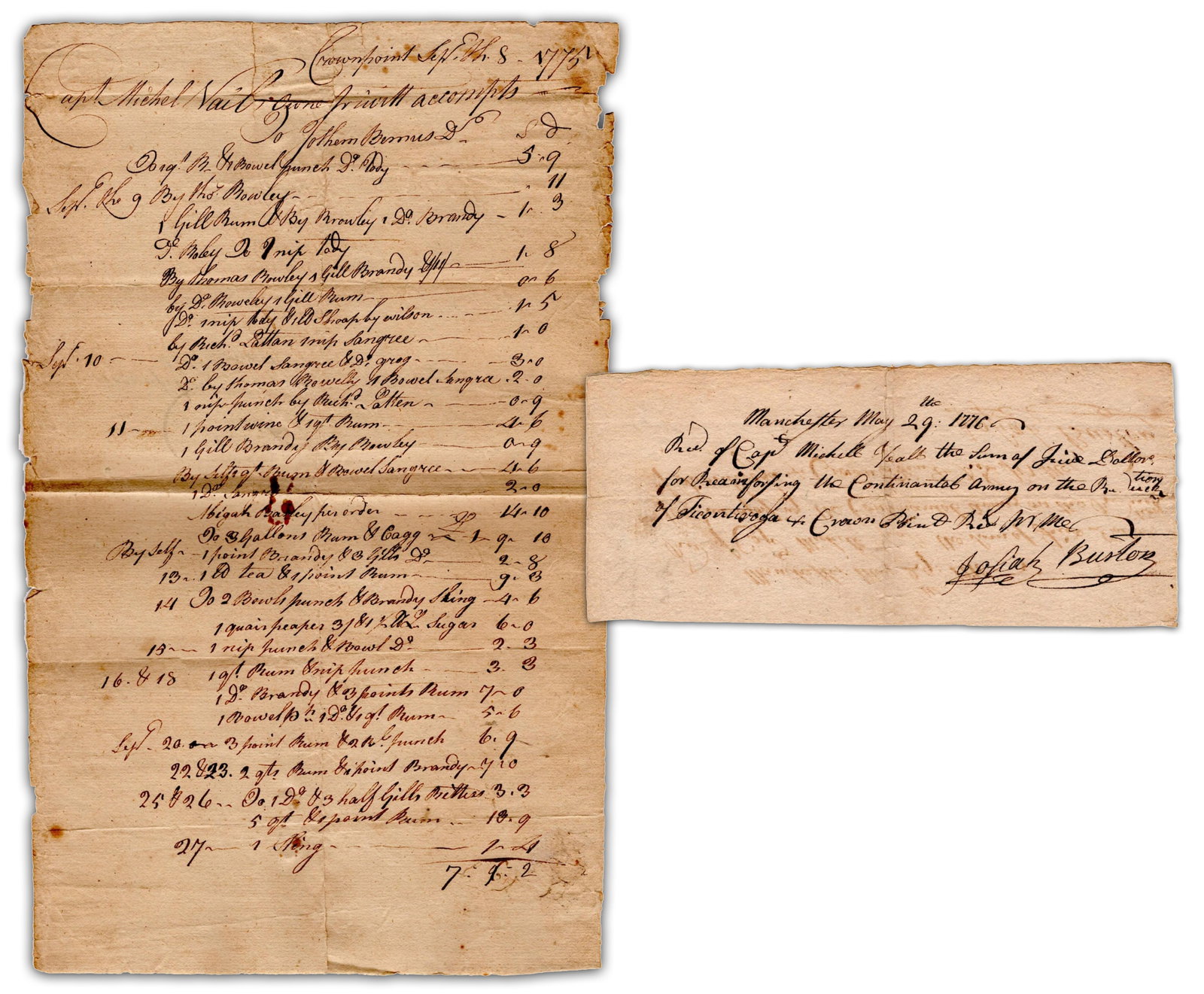 Green Mountain Boys Take Forts Ticonderoga & Crown Point on Lake Champlain: Revolutionary War Crown Point, NY; Manchester, VT, ca. September 1775; May 29, 1776 Green Mountain Boys Take Forts Ticonderoga & Crown Point on Lake Champlain ADS [REVOLUTIONARY WAR.] Manuscript