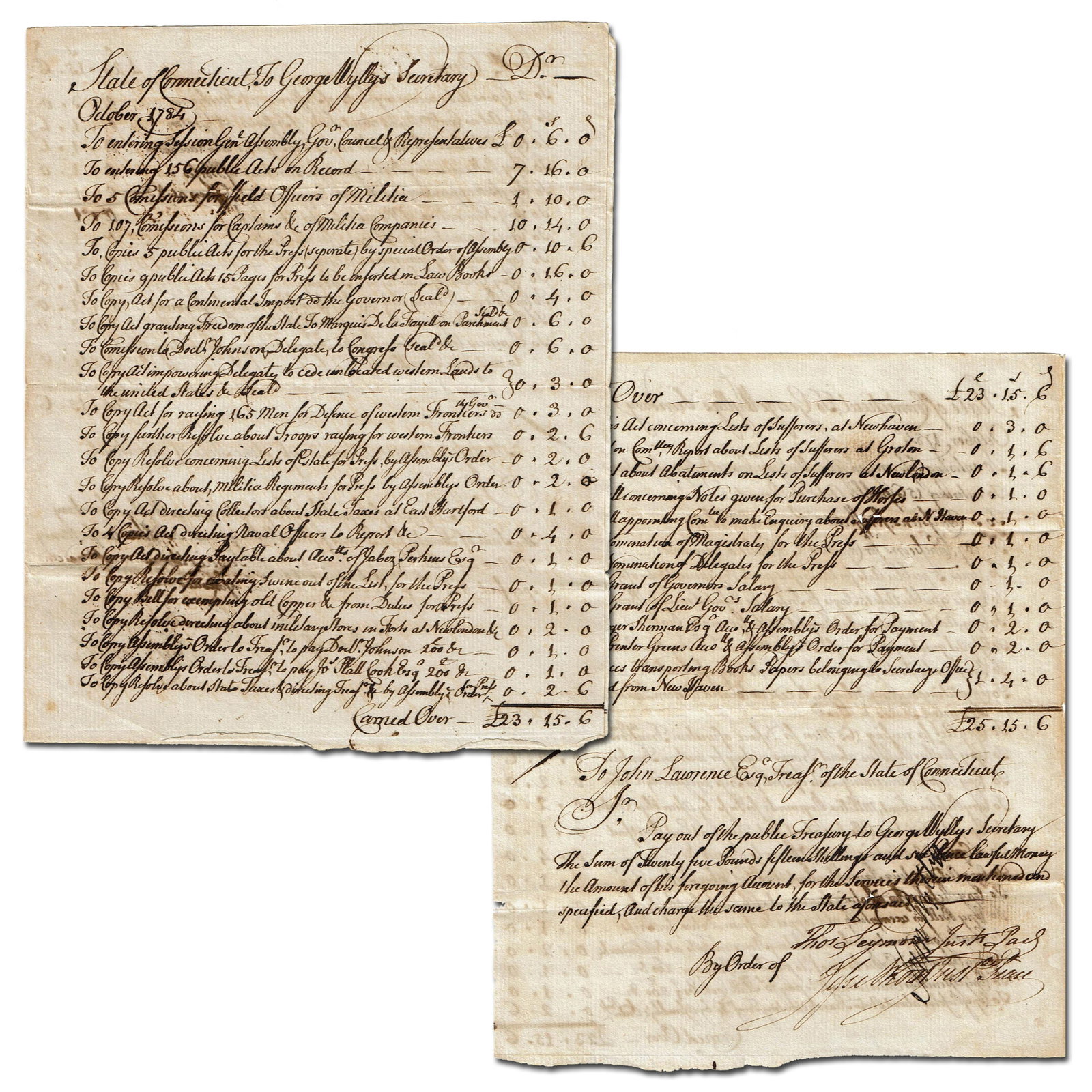 1784 Accounting After Rev. War Incl. "granting Freedom of the State to Marquis de Lafayette" &: Revolutionary War Hartford, CT, ca. October 1784 1784 Accounting After Rev. War Incl. "granting Freedom of the State to Marquis de Lafayette" & Protecting the Western Frontier MDS Manuscript document