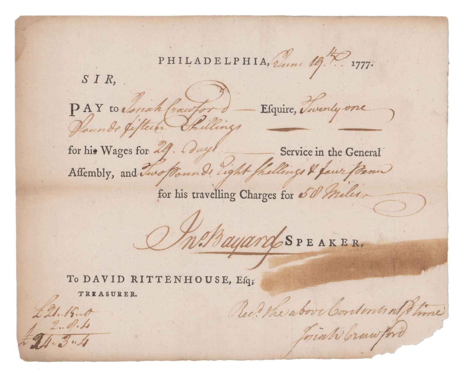 John Bayard Signed Pay Order as Speaker of the Pennsylvania Assembly in 1777: Revolutionary War Philadelphia, PA, June 19, 1777 John Bayard Signed Pay Order as Speaker of the Pennsylvania Assembly in 1777 PPDS Partially printed, partially manuscript document signed, "Jno.