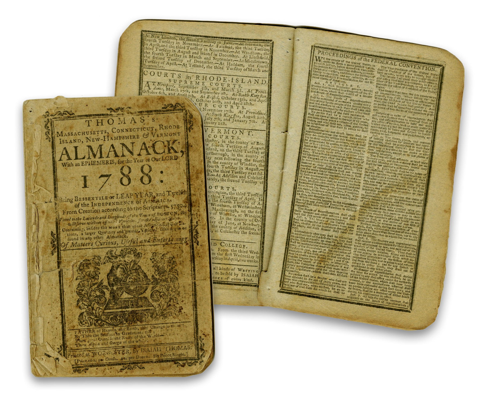 Early Almanac Printing of U.S. Constitution by Isaiah Thomas, 1787: U.S. Constitution Worcester, MA, ca. October 1787 Early Almanac Printing of U.S. Constitution by Isaiah Thomas, 1787 Pamphlet/Booklet Printed pamphlet, 'Thomas’s Massachusetts, Connecticut,