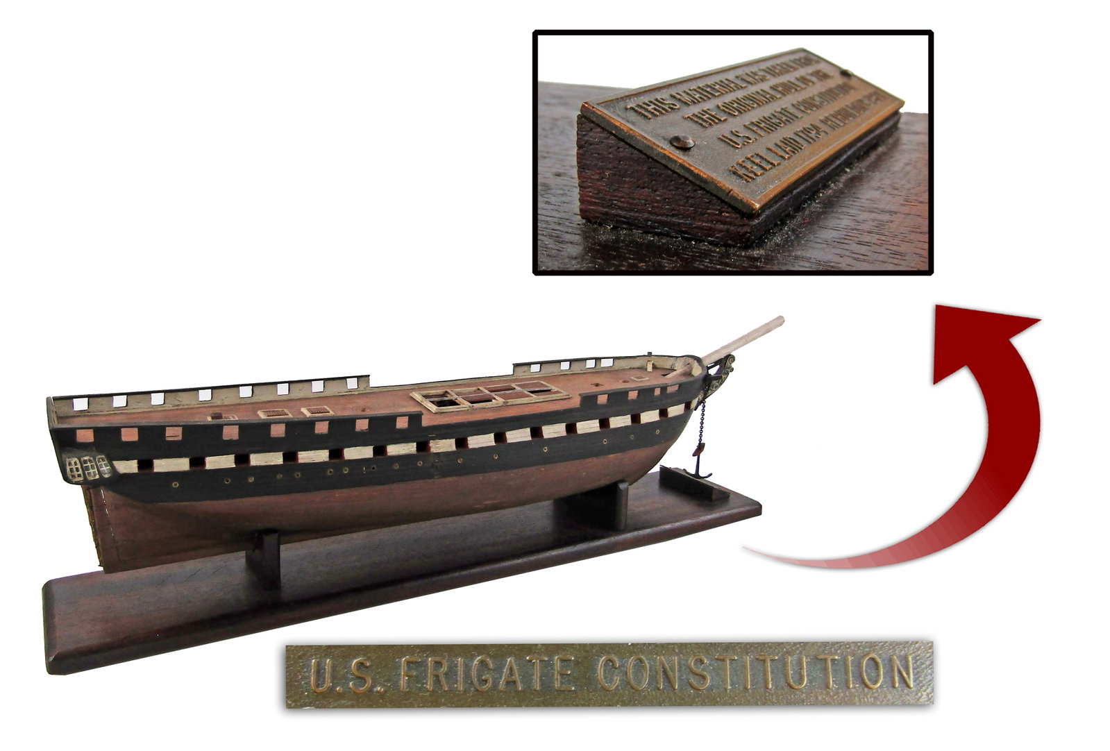 U.S.S. Constitution Wood Relic Incorporated Into Handsome Ship's Model: U.S.S. Constitution [Charleston Naval Yard, Charleston, SC], salvaged 1927 "U.S.S. Constitution" Wood Relic Incorporated Into Handsome Ship's Model Relic A wooden relic from the original hull of the "