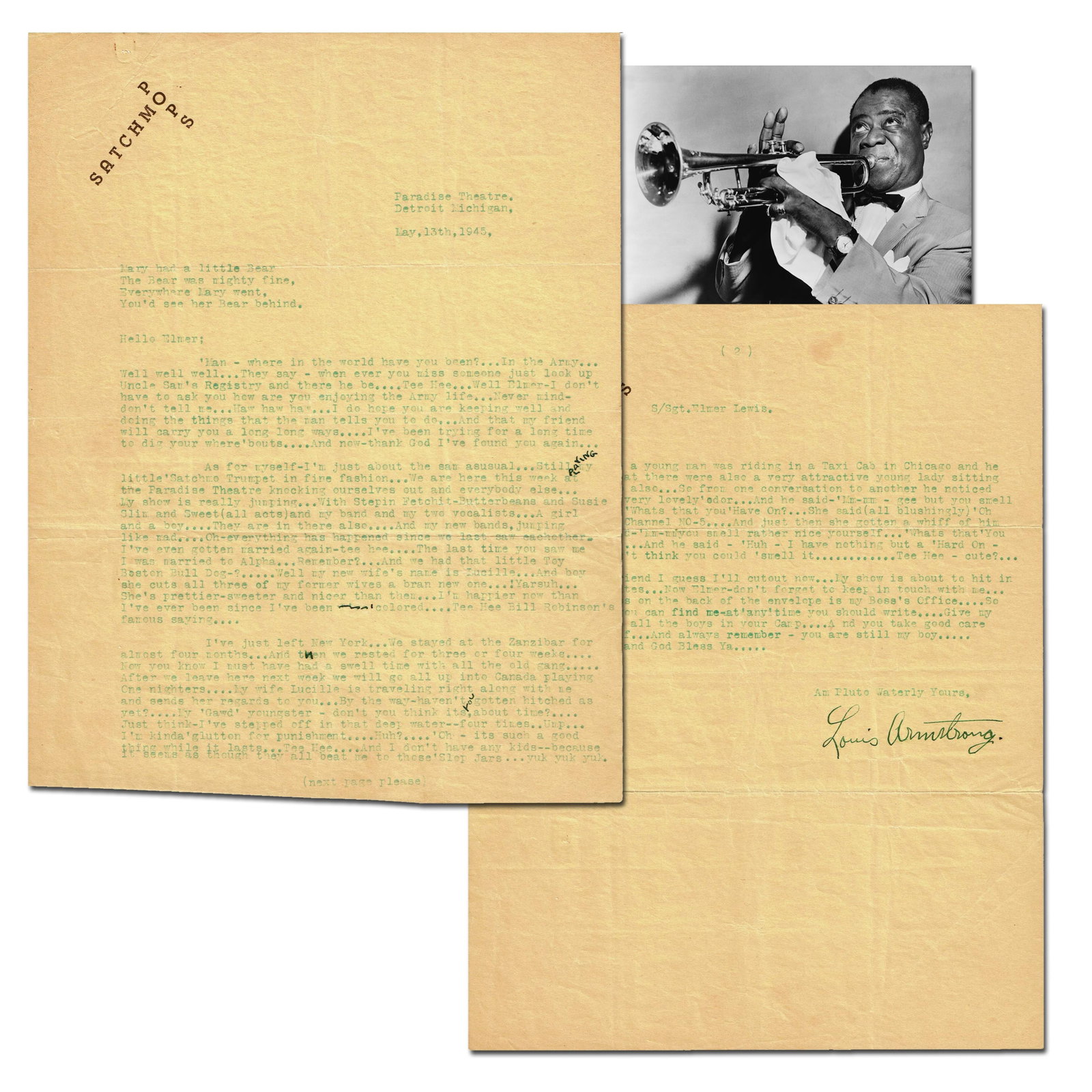 Louis Armstrong Recounts Raunchy Sex Joke in Wartime Letter Just Days After V-E Day, Fantastic!: Louis Armstrong Detroit, MI, May 13, 1945 Louis Armstrong Recounts Raunchy Sex Joke in Wartime Letter Just Days After V-E Day, Fantastic! TLS Louis Armstrong (1901-1971). Typed letter signed, "Louis