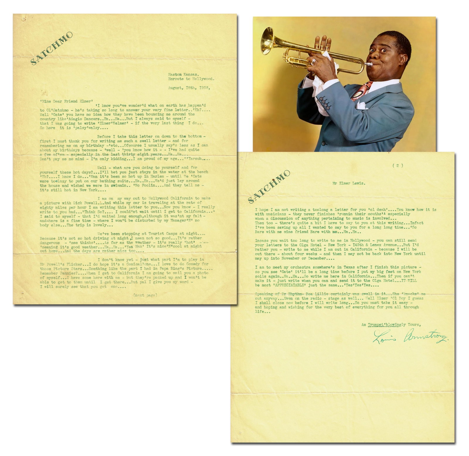 Louis Armstrong "En route to Hollywood" To Make It Big, Signed "Trumpet'blowingly Yours," Superb!: Louis Armstrong Haston, KS, August 18, 1938 Louis Armstrong "En route to Hollywood" To Make It Big, Signed "Trumpet'blowingly Yours," Superb! TLS Louis Armstrong (1901-1971). Typed letter signed,