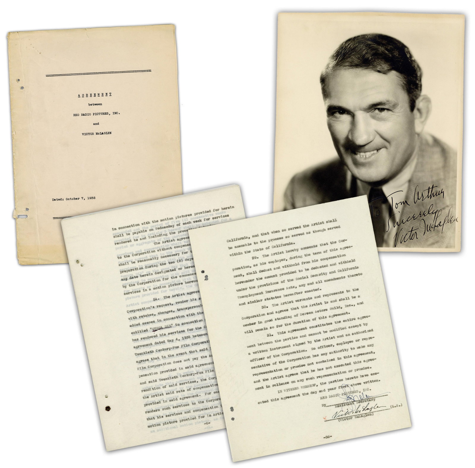 Victor McLaglen Signed RKO Film Contract For "Gunga Din" & "Pacific Liner" With Bonus Signed: Victor McLaglen [Los Angeles, CA], ca. October 7, 1938 - November 23, 1938 Victor McLaglen Signed RKO Film Contract For "Gunga Din" & "Pacific Liner" With Bonus Signed Publicity Picture! TDS A great