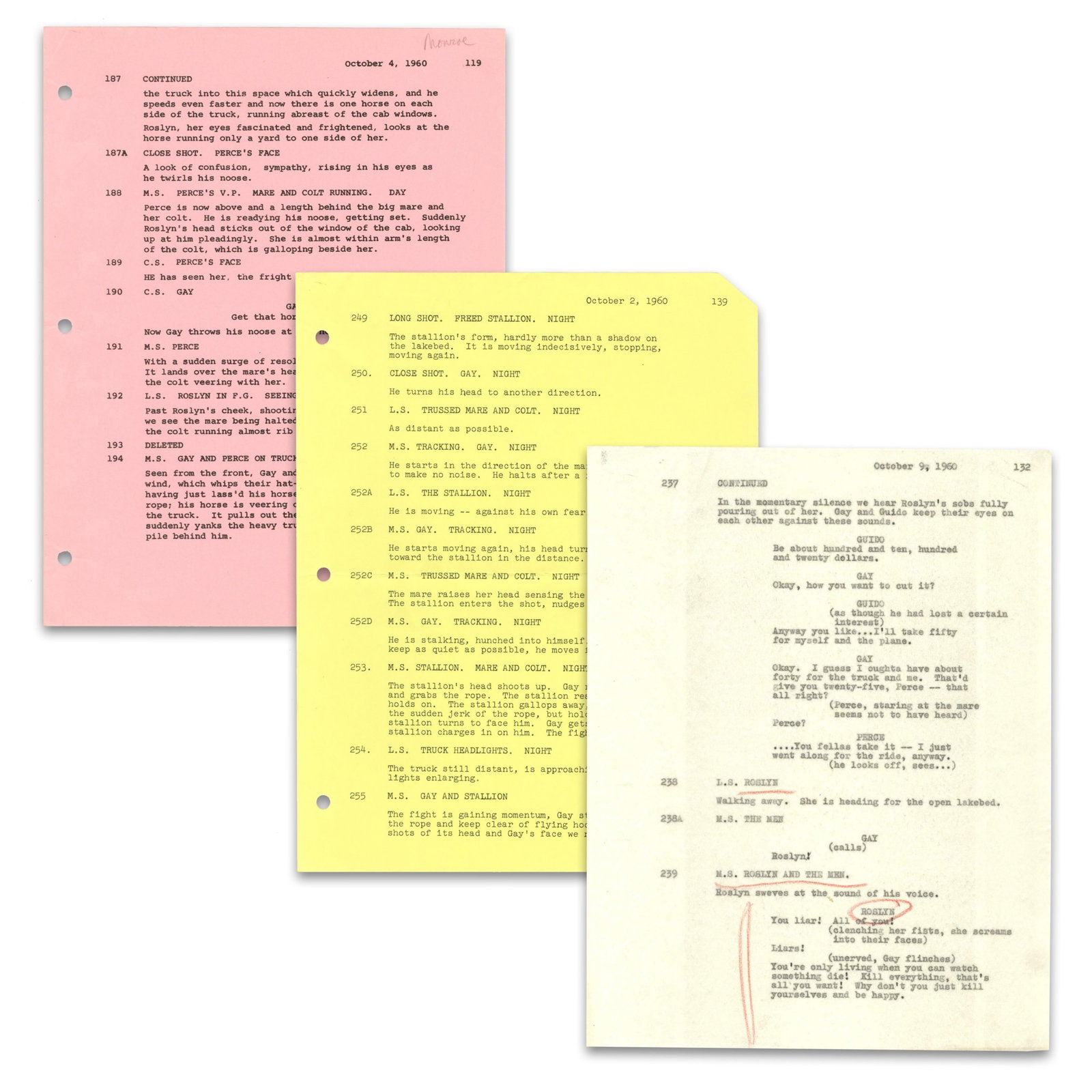 Marilyn Monroe's Personally Owned Revision Script Pages for "The Misfits", 3pp: Marilyn Monroe n.p., October 2 & 9, 1960 Marilyn Monroe's Personally Owned Revision Script Pages for "The Misfits", 3pp Archive A group of revision pages from the script of "The Misfits" (1961),