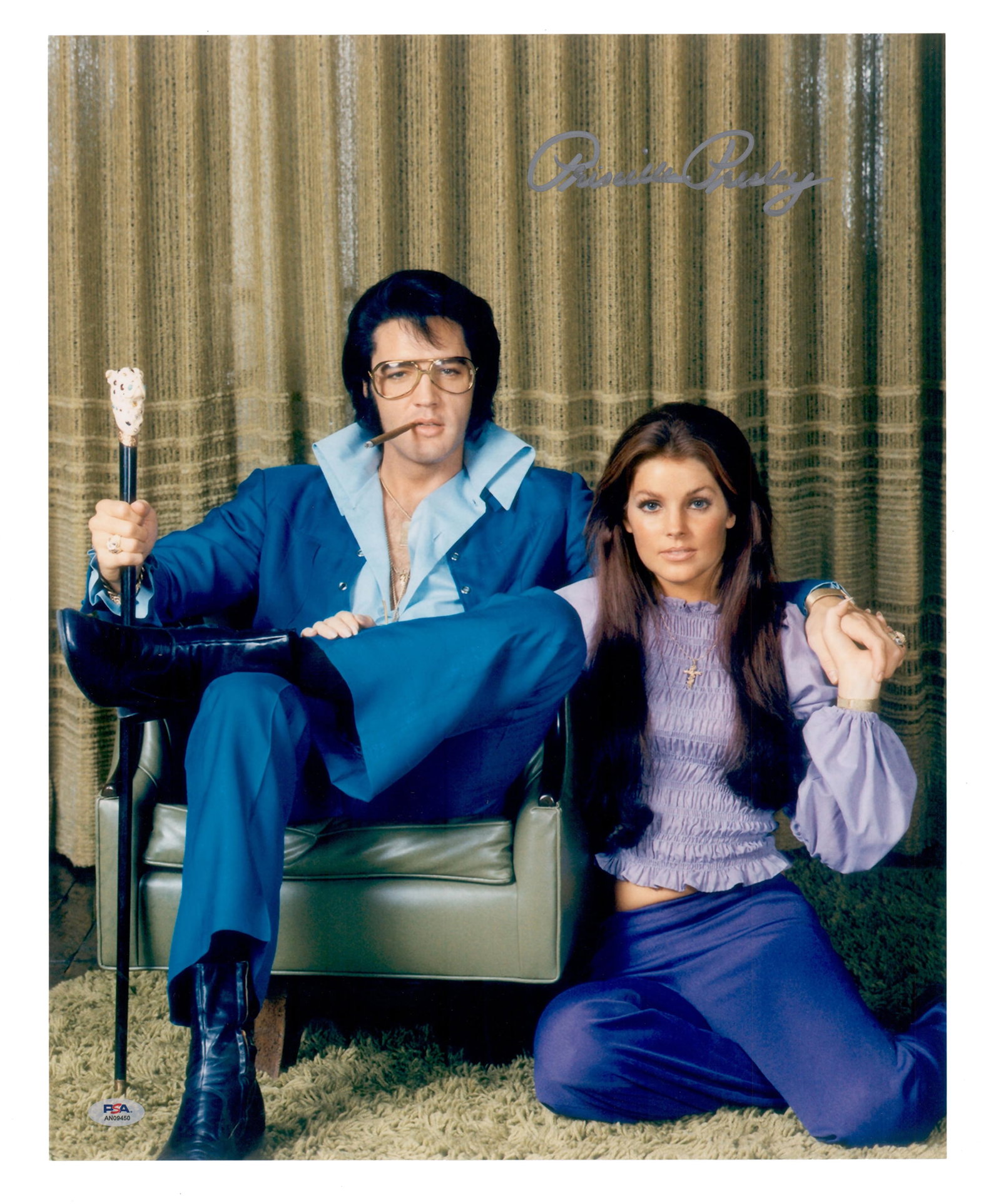 Priscilla Presley Signed Oversized Color Portrait, PSA Grade 10!: Priscilla Presley n.p., n.d. Priscilla Presley Signed Oversized Color Portrait, PSA Grade 10! Signed photograph An oversized color photograph of Priscilla Presley and Elvis Presley. Elvis is seated in