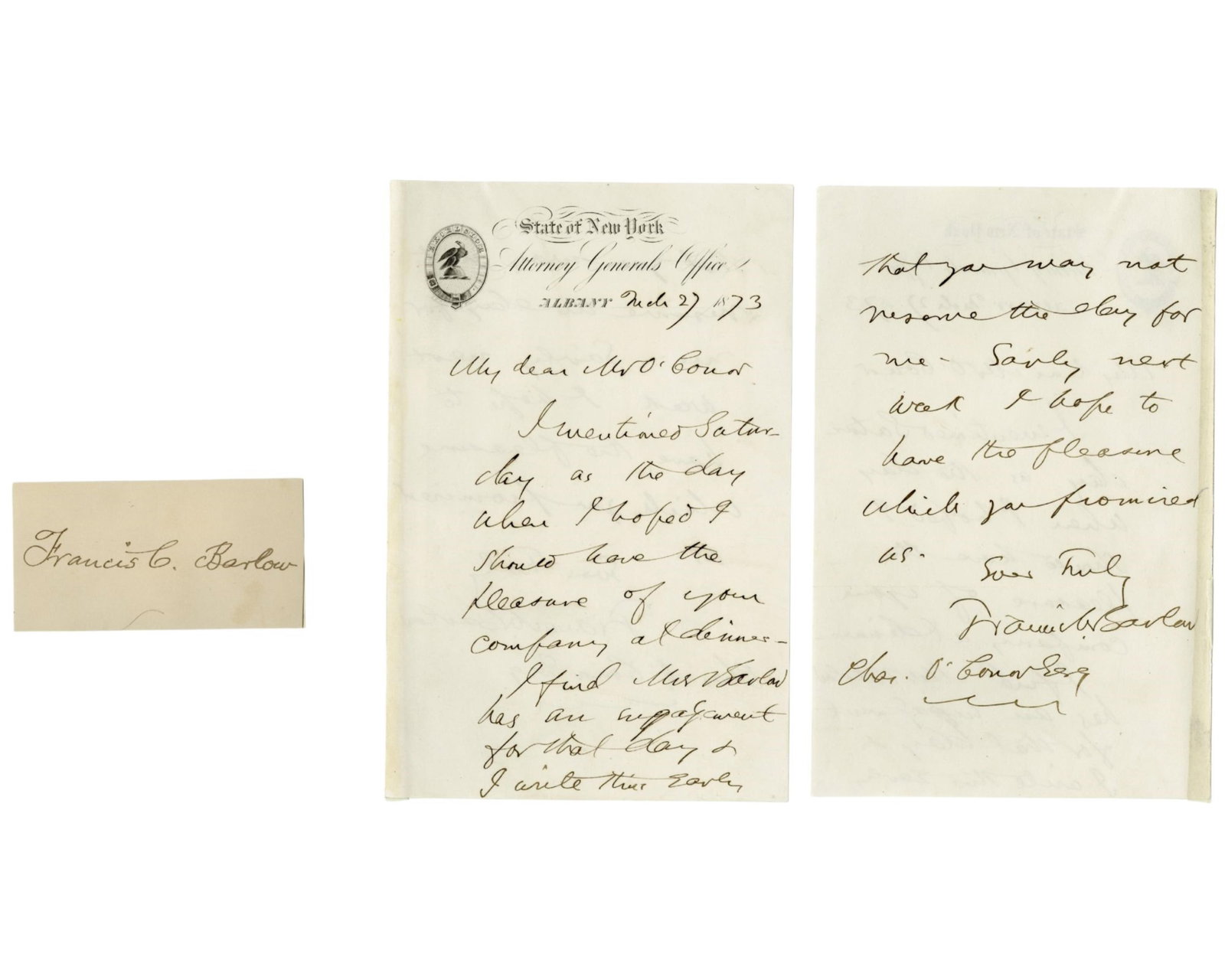 Gettysburg Hero Francis Barlow ALS & Signed Card!: Francis Barlow New York, NY, March 27, 1873 Gettysburg Hero Francis Barlow ALS & Signed Card! ALS 1p Autograph Letter Signed by Francis Channing Barlow, written on official "State of New York Attorney