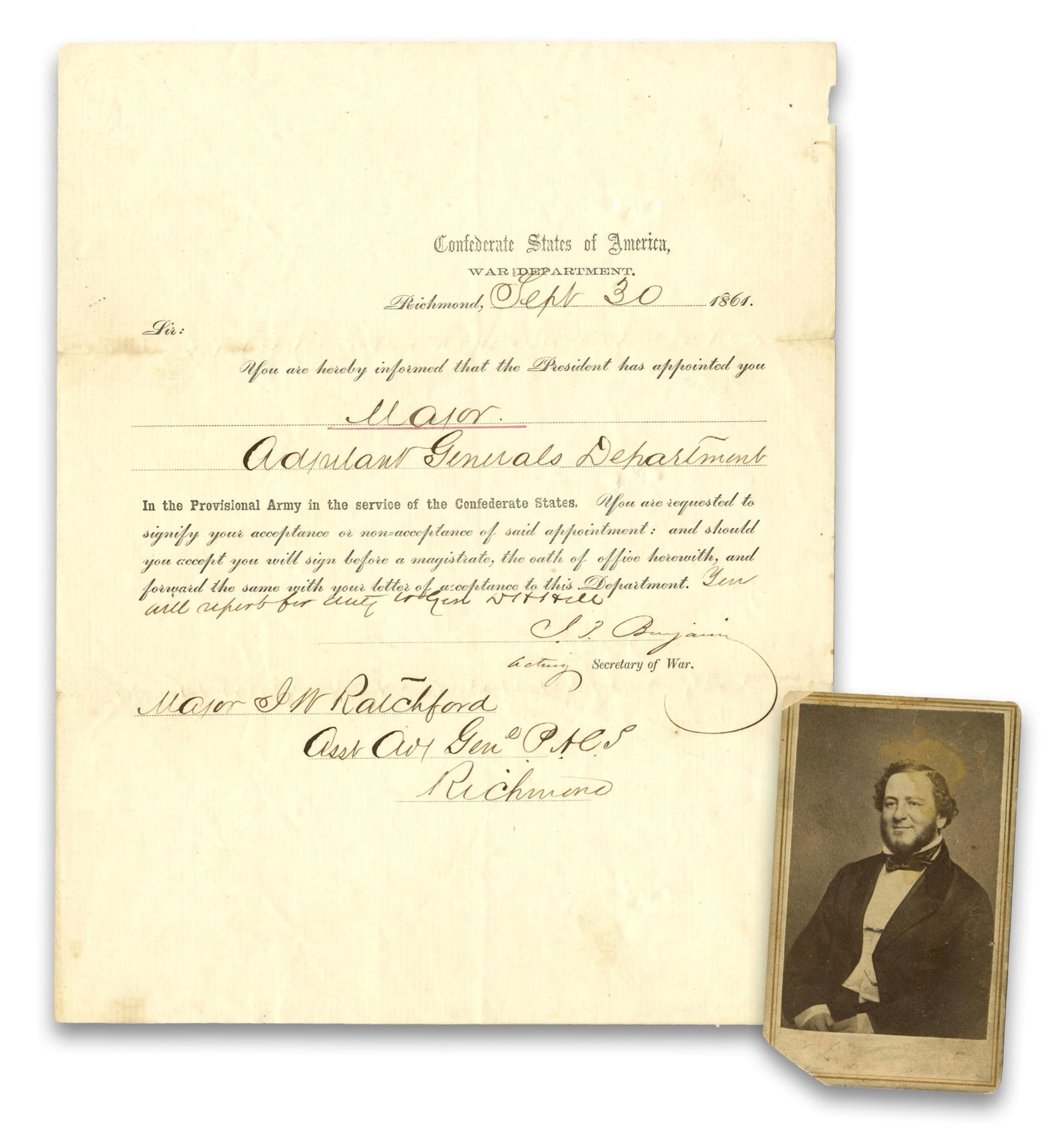 Judah Benjamin War-Dated Appointment For 1st Confed Wounded in Civil War! (1 of 4)
