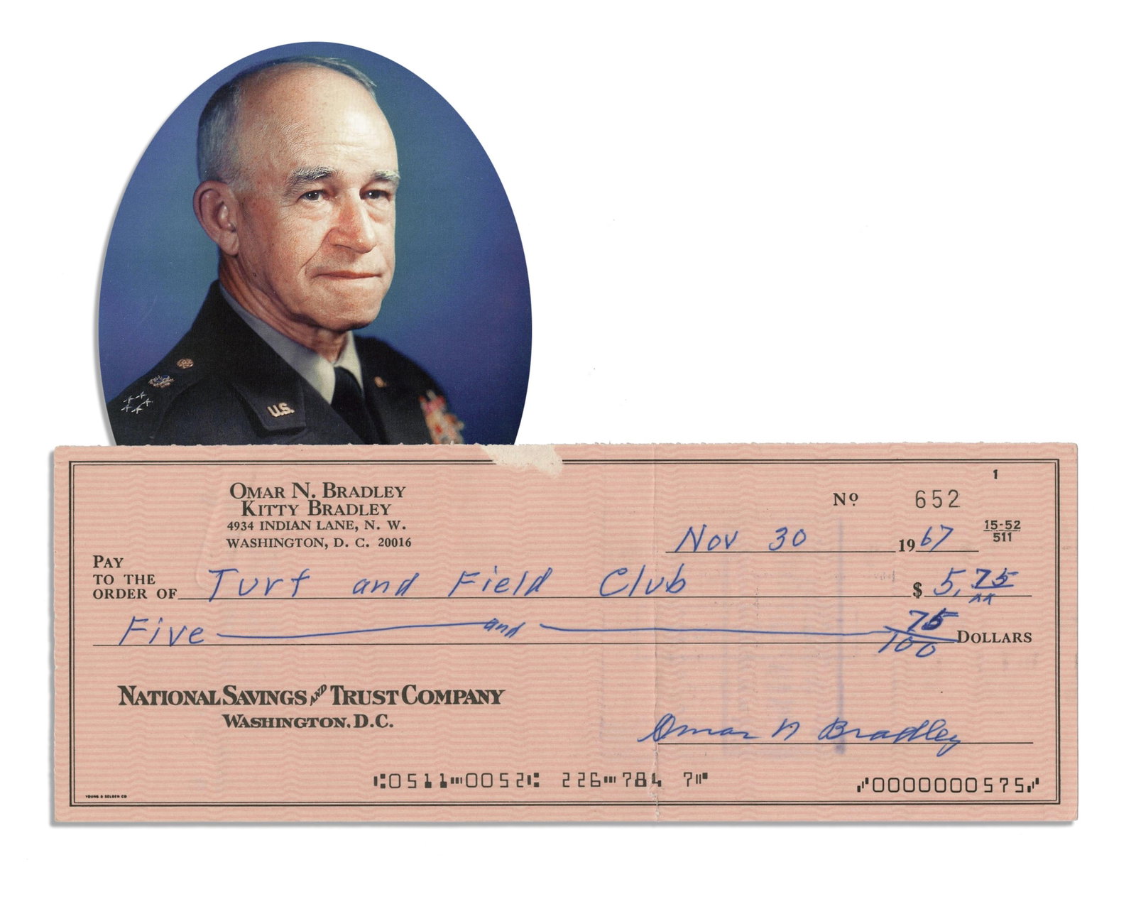 Omar Bradley, Avid Racing Fan, Signed Check To Turf and Field Club, 1967 (1 of 3)