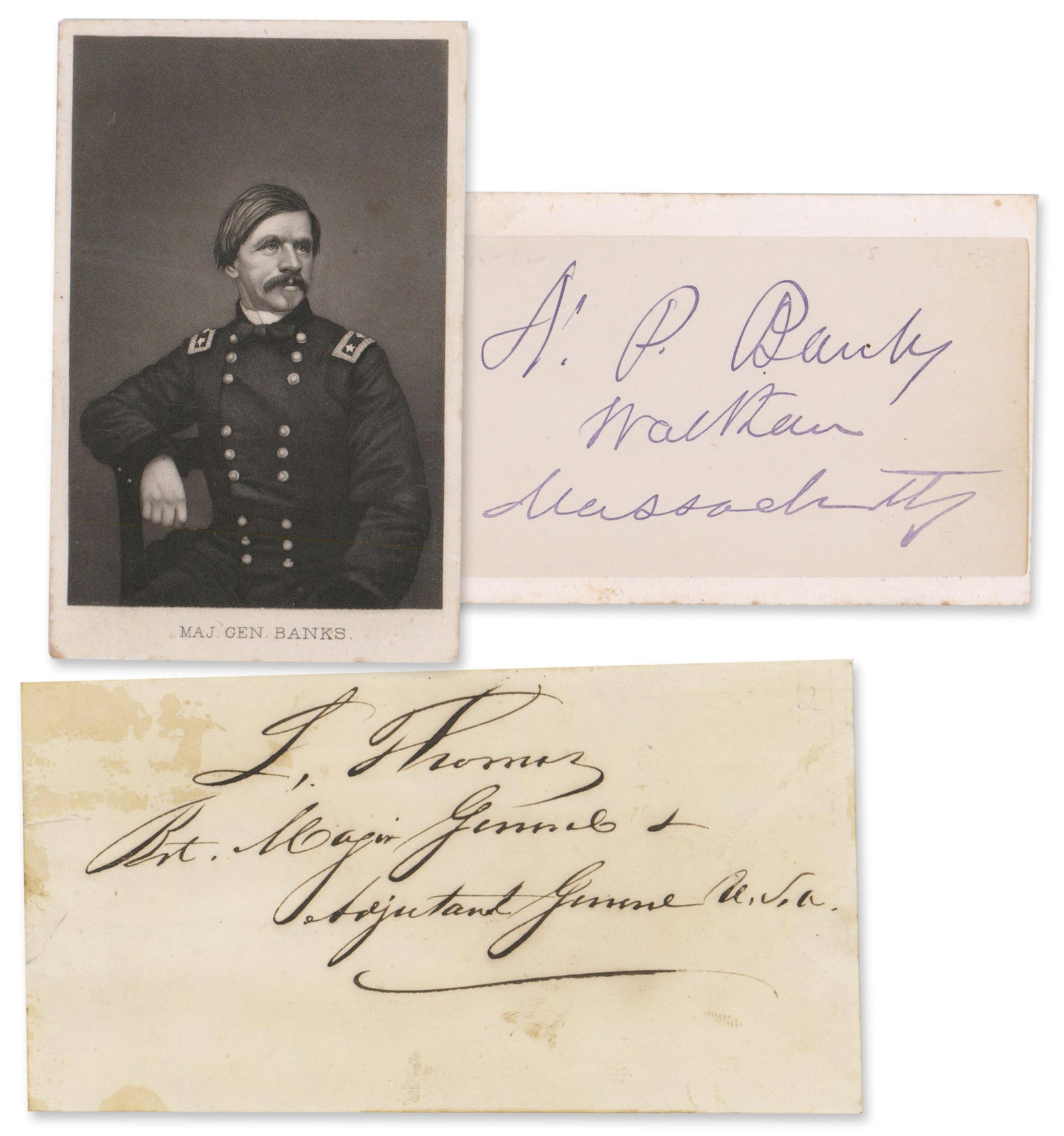 Nathaniel Banks CDV w/ Signature & Lorenzo Thomas Signature w/ Rank: Civil War n.p., n.d. Nathaniel Banks CDV w/ Signature & Lorenzo Thomas Signature w/ Rank Signature Union Generals autographs. Nathaniel Banks carte de visite with his signature mounted on verso and Lo
