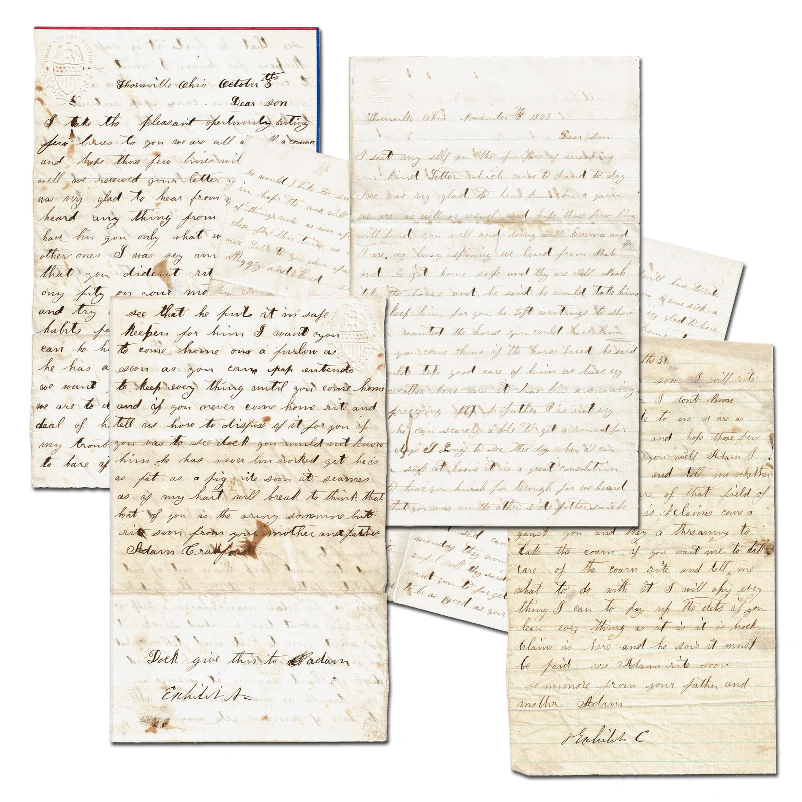 Civil War Letters from Worried Parents to their Union Soldier Son on Fantastic Patriotic Stationery: Civil War Thornville, OH, ca. October-November 1863 Civil War Letters from Worried Parents to their Union Soldier Son on Fantastic Patriotic Stationery Archive An archive of three handwritten letters 