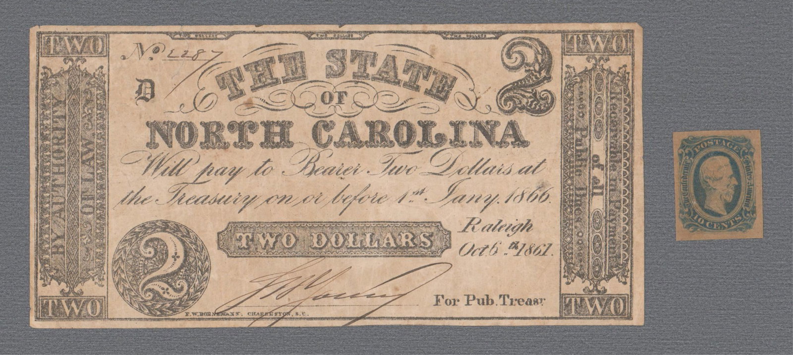 1861 $2 North Carolina Note and 10 Cents Jeff Davis Stamp: Confederate Currency North Carolina, ca. 1861 1861 $2 North Carolina Note and 10 Cents Jeff Davis Stamp Currency North Carolina $2 obsolete note and 10 cents Jefferson Davis Stamp. Note measures 5.75&