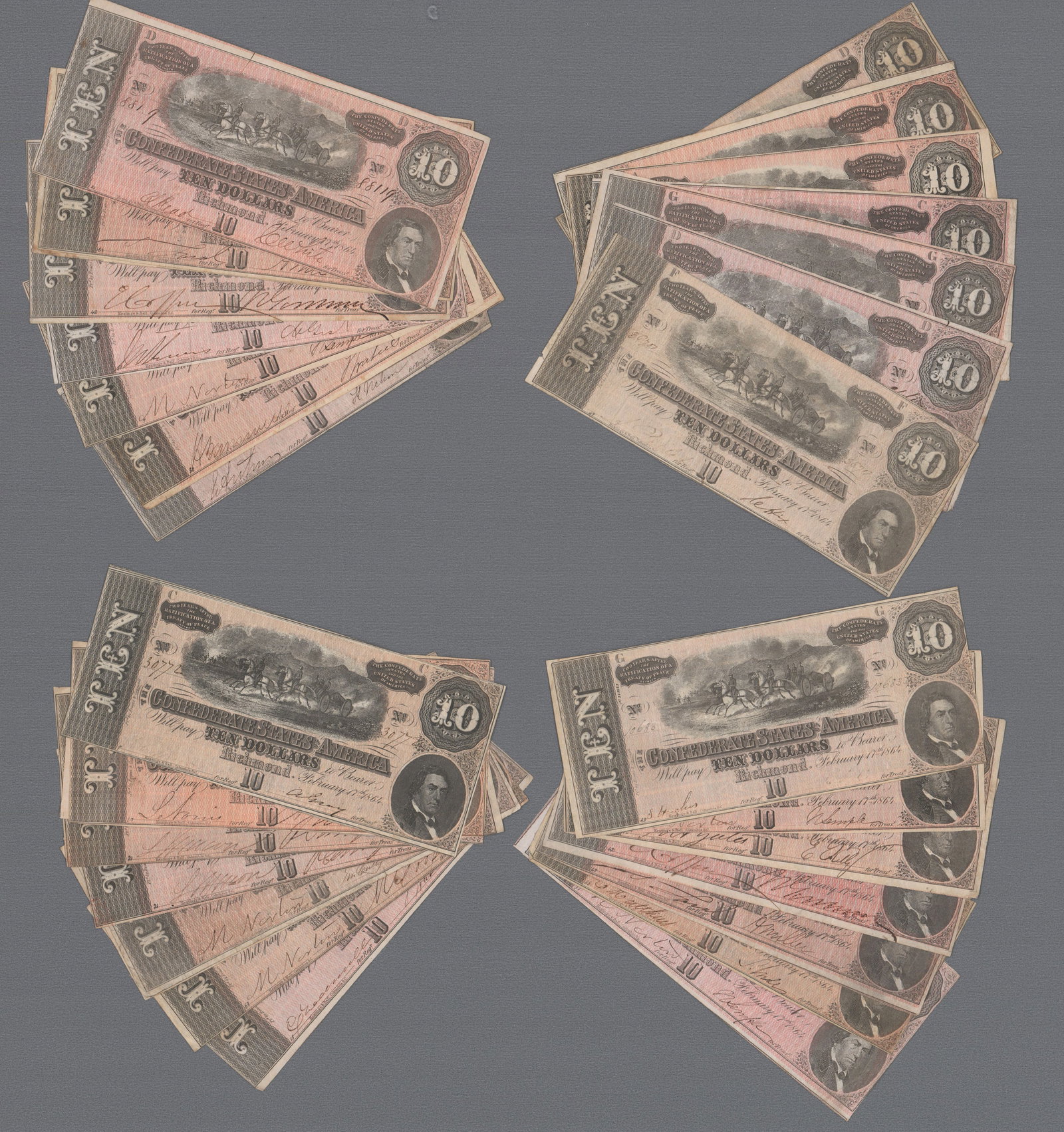 Confederate $10 Notes (32) Issued in 1864: Confederate Currency Richmond, VA, ca. 1864 Confederate $10 Notes (32) Issued in 1864 Currency Lot of thirty-two $10 Confederate currency notes. Each measures approximately 7.1" x 3"; various series p