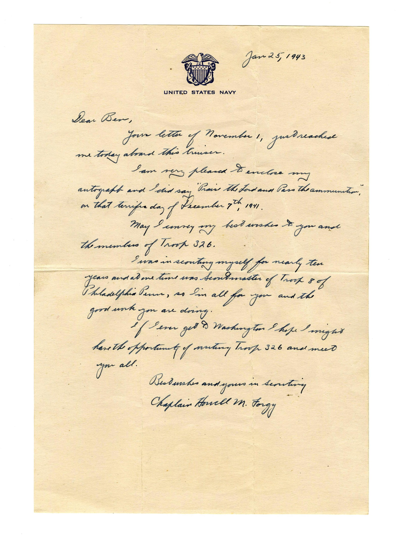 Praise the Lord and Pass the Ammunition!- Only Known War-Dated Affirmation of Famous Quote by H. M. (1 of 2)