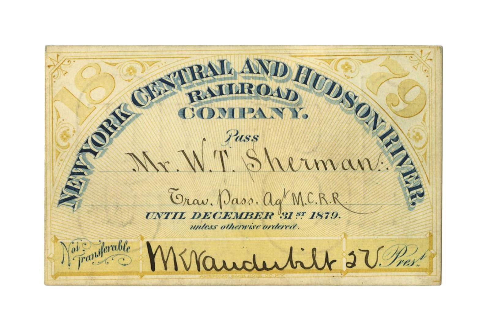 William T. Sherman's NY Central Railroad Pass Issued by W. K. Vanderbilt (1 of 2)