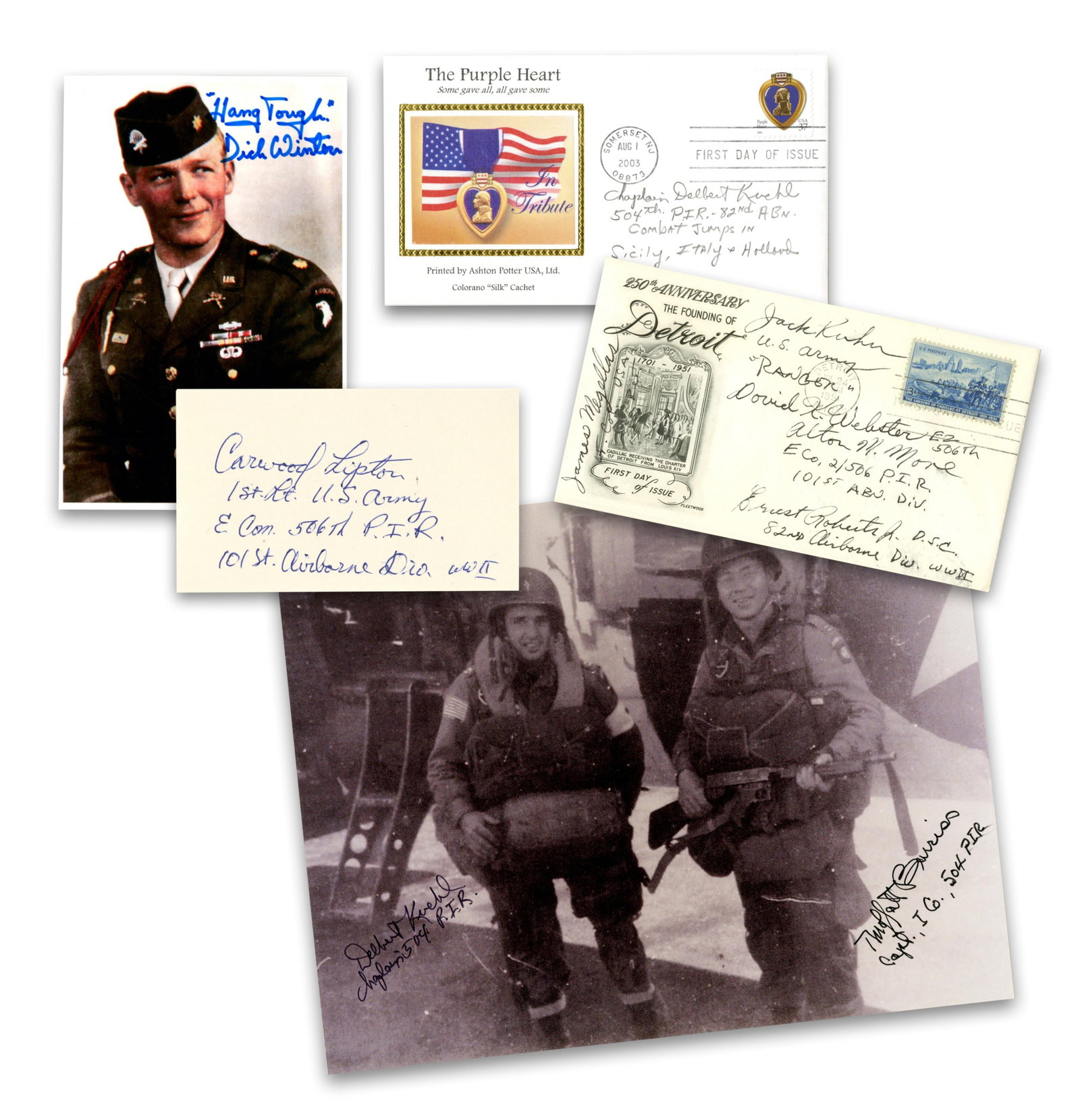 WWII Airborne & Ranger Autograph Collection Incl. 4 Easy Company Members! 10 Signatures: World War II various, various WWII Airborne & Ranger Autograph Collection Incl. 4 Easy Company Members! 10 Signatures Archive An impressive collection of items signed by notable World War II airborne 