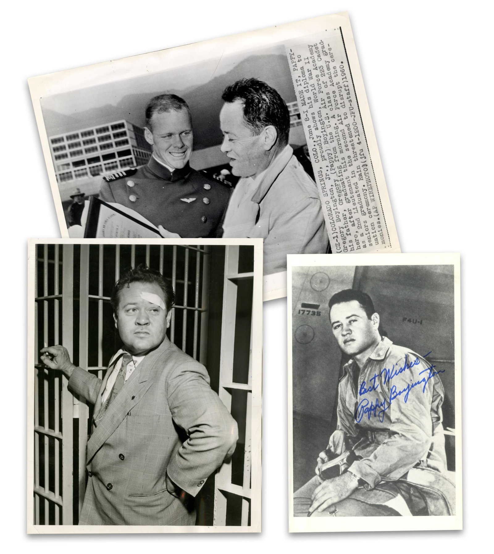 Flying Ace "Pappy" Boyington SP & (2) Press Photos, Seldom Seen Images!: World War II various, various Flying Ace "Pappy" Boyington SP & (2) Press Photos, Seldom Seen Images! Signed photograph A small group of three items related to Pappy Boyington, noted World War II flyi