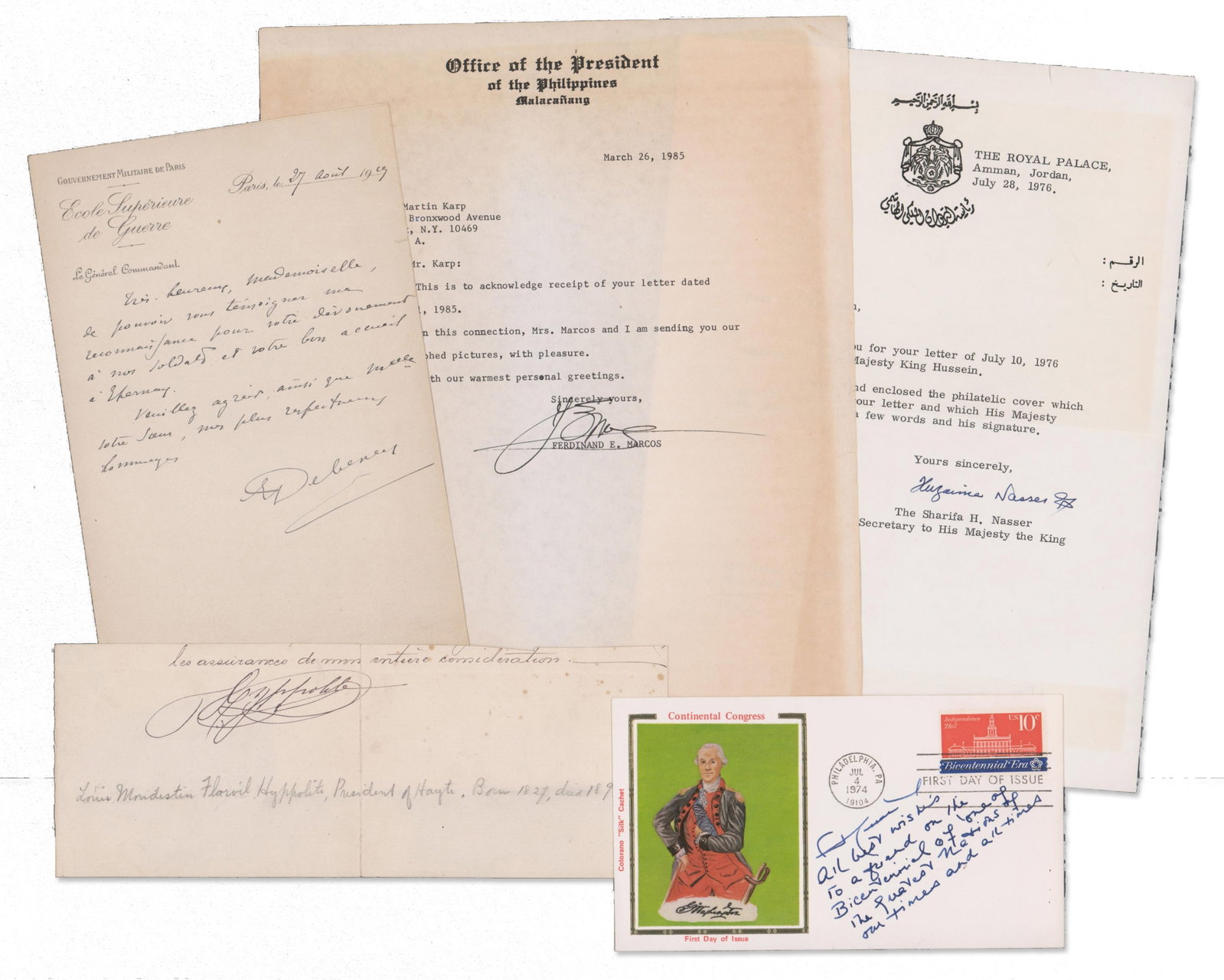 Group Lot of Autographs by World Notables: King Hussein, F. Marcos, Debeney, & Hyppolite (1 of 5)