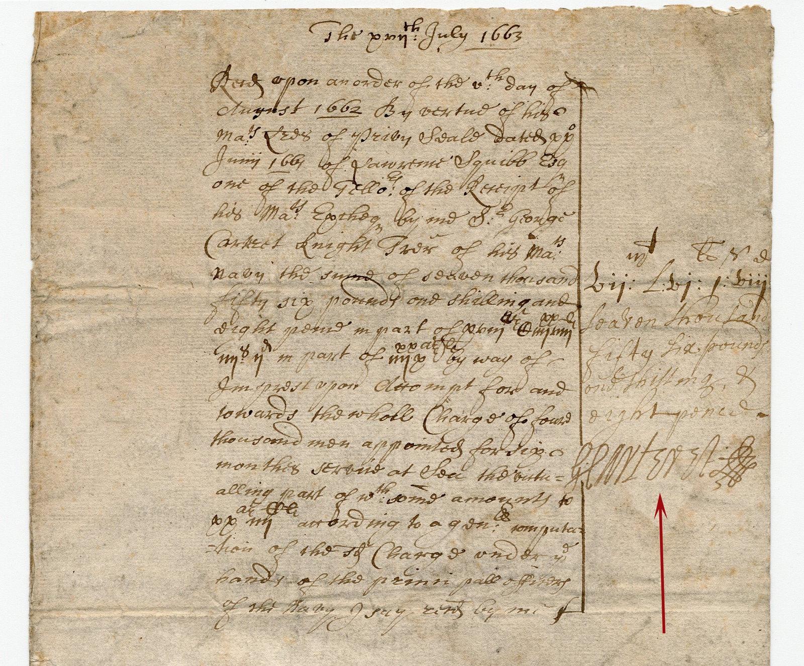 George Carteret Rare 1663 DS in the Midst of His Rise & Fall as Treasurer of the Navy (1 of 4)