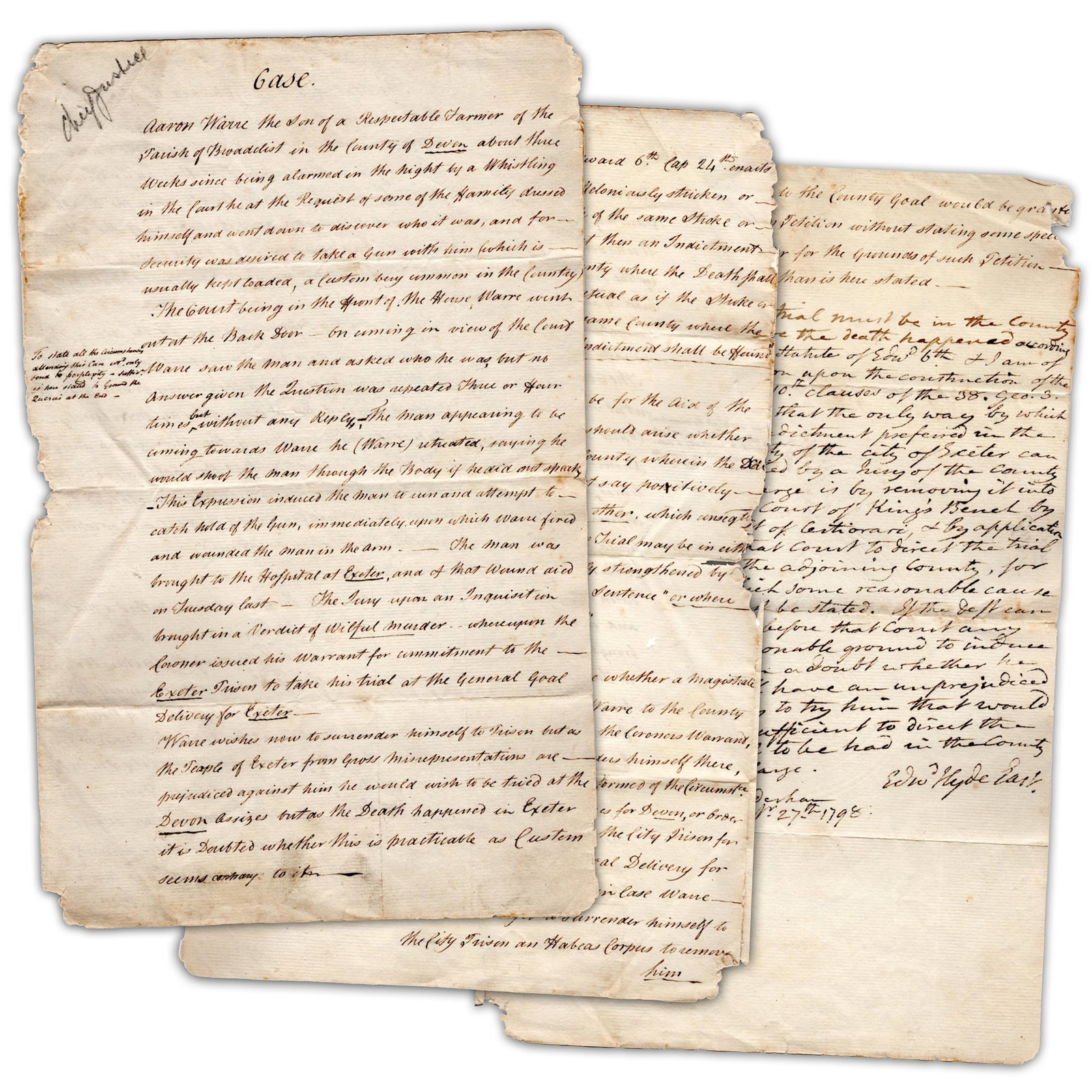 British Barrister & Court Reporter Offers Opinion on Venue in Murder Trial: Sir Edward Hyde East Exeter, England, September 27, 1798 British Barrister & Court Reporter Offers Opinion on Venue in Murder Trial AES [MURDER.] Edward Hyde East, Autograph Endorsement Signed, Opinio