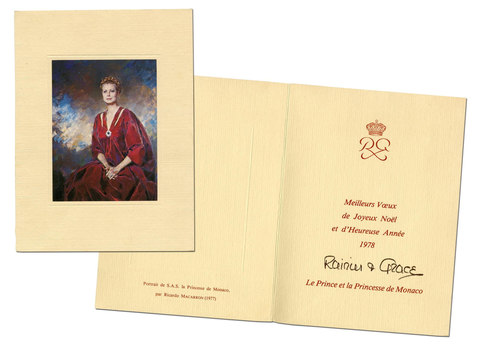 Princess Grace Of Monaco Marvelous Signed Holiday Card, Featuring Her Stunning Royal Portrait: Princess Grace of Monaco Monaco, ca. 1977 Princess Grace Of Monaco Marvelous Signed Holiday Card, Featuring Her Stunning Royal Portrait Signed card A holiday card signed by Princess Grace of Monaco, n