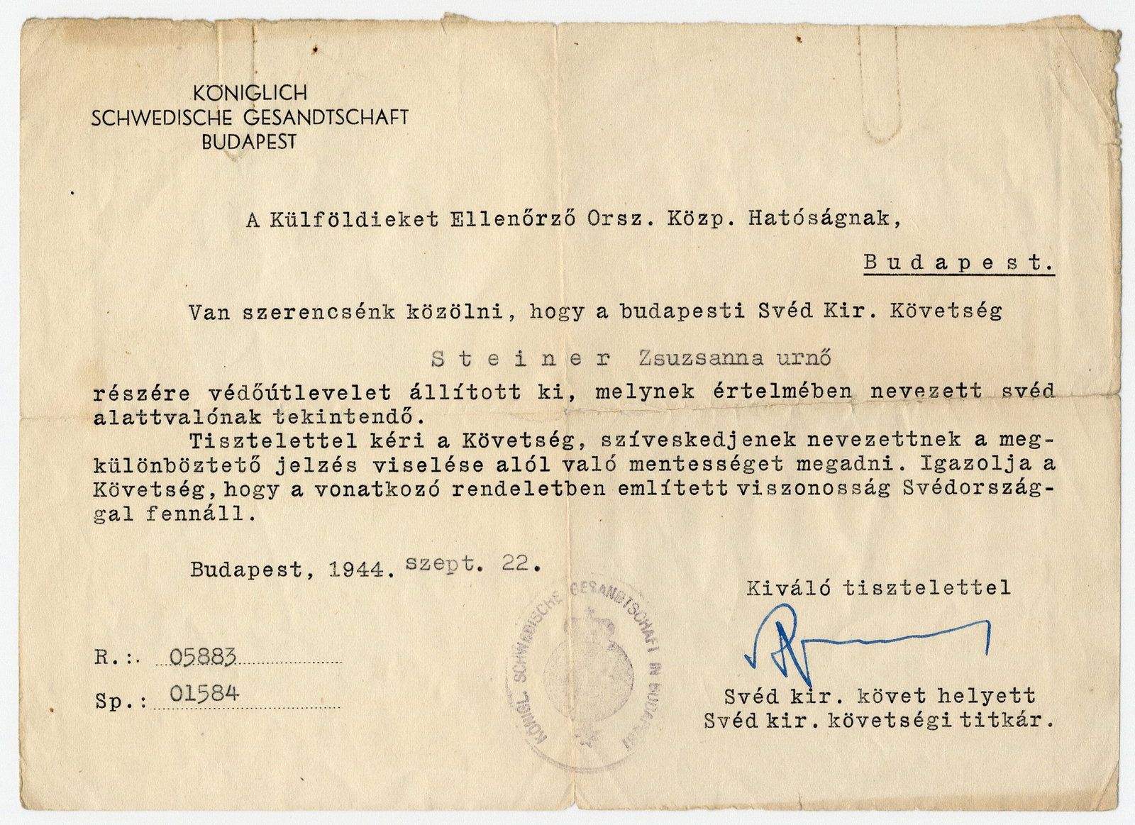 R. Wallenberg "exempt from wearing the distinguishing symbol" For a Jew, Rare Full Signature (1 of 2)