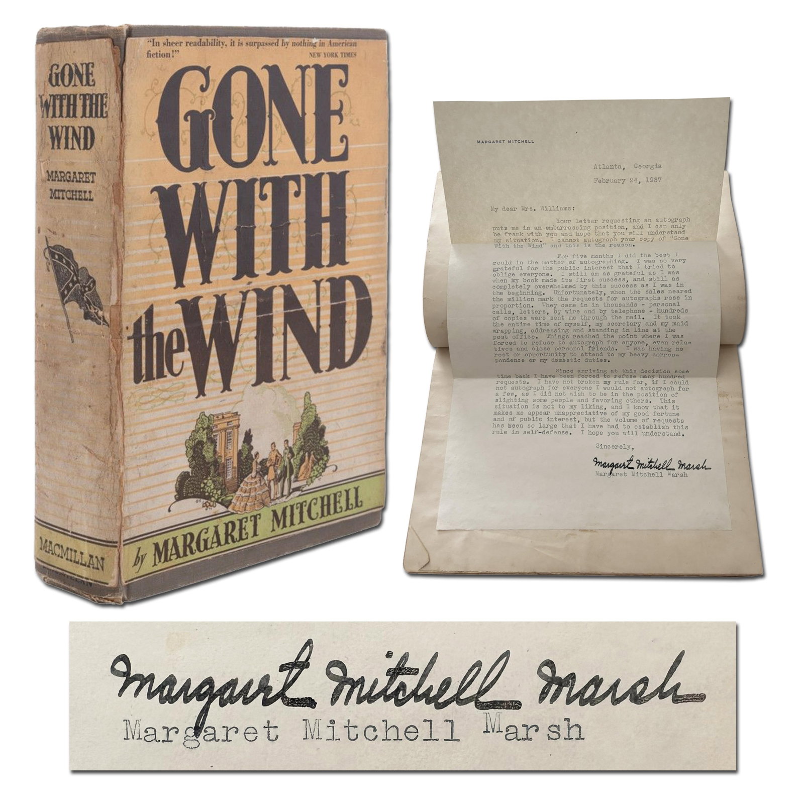 Margaret Mitchell Re: "your copy of Gone with the Wind..." This 1st Ed. Copy of the Book is (1 of 10)
