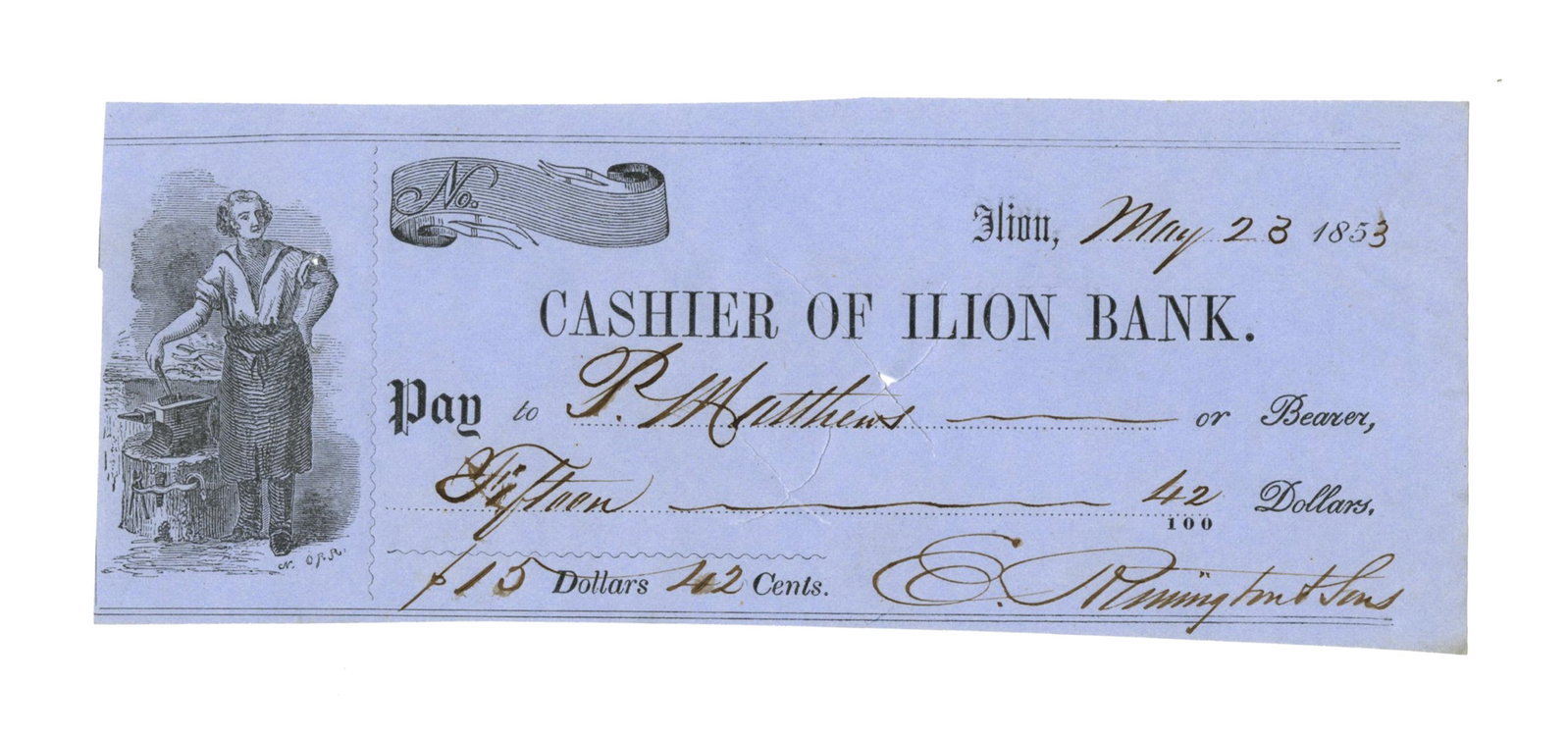 Eliphalet Remington & Sons Signed Check (1 of 2)