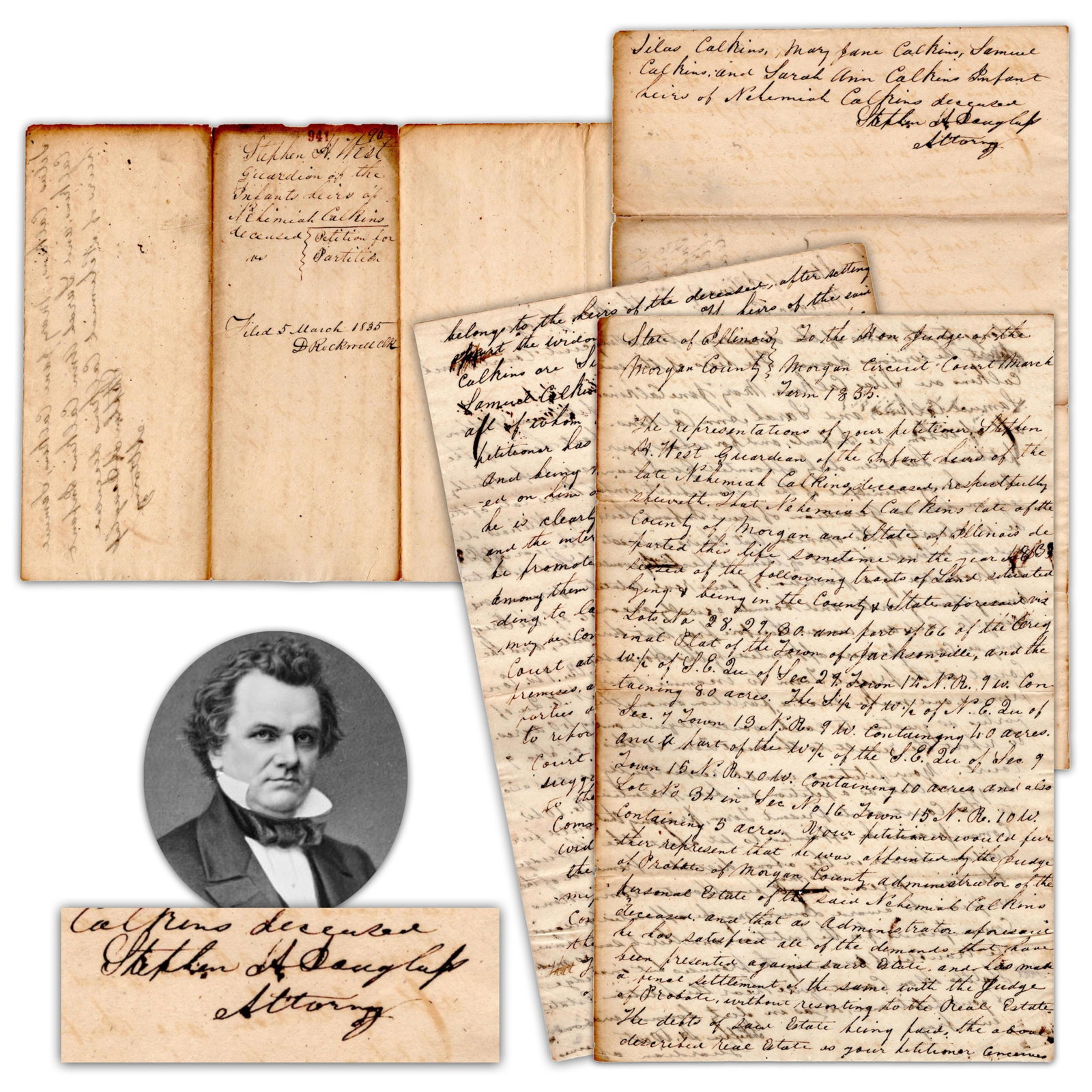 Stephen A. Douglas Writes Petition to Circuit Court to Divide Land Among Heirs of Morgan County Man: Stephen A. Douglas Jacksonville, IL, March 1835 Stephen A. Douglas Writes Petition to Circuit Court to Divide Land Among Heirs of Morgan County Man ADS STEPHEN A. DOUGLAS, Autograph Document Signed, P