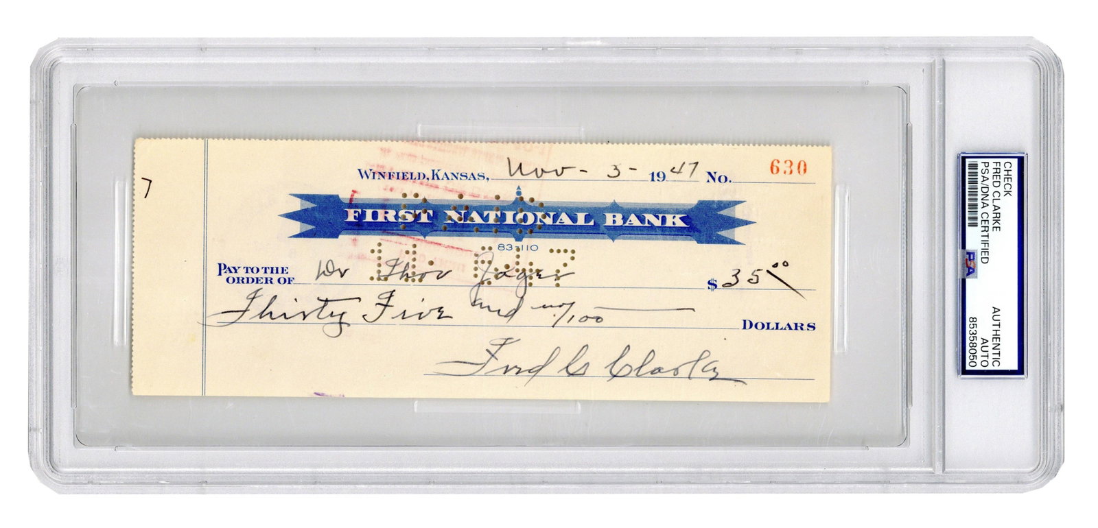 Fred C. Clarke PSA Signed Check - 1909 World Series Champion! (1 of 3)
