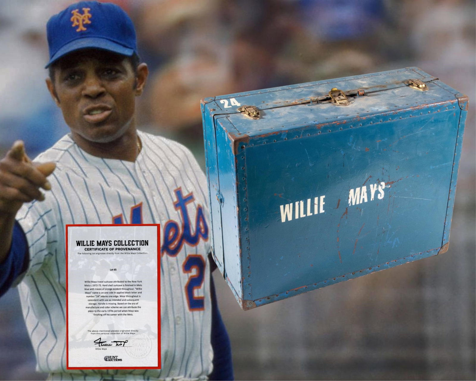 Willie Mays' Mets Travel Suitcase - Fantastic!: Willie Mays New York, NY, ca. 1972-1973 Willie Mays' Mets Travel Suitcase - Fantastic! Relic Willie Mays' New York Mets travel suitcase, used by the MLB HOFer during his final seasons with the New Yor
