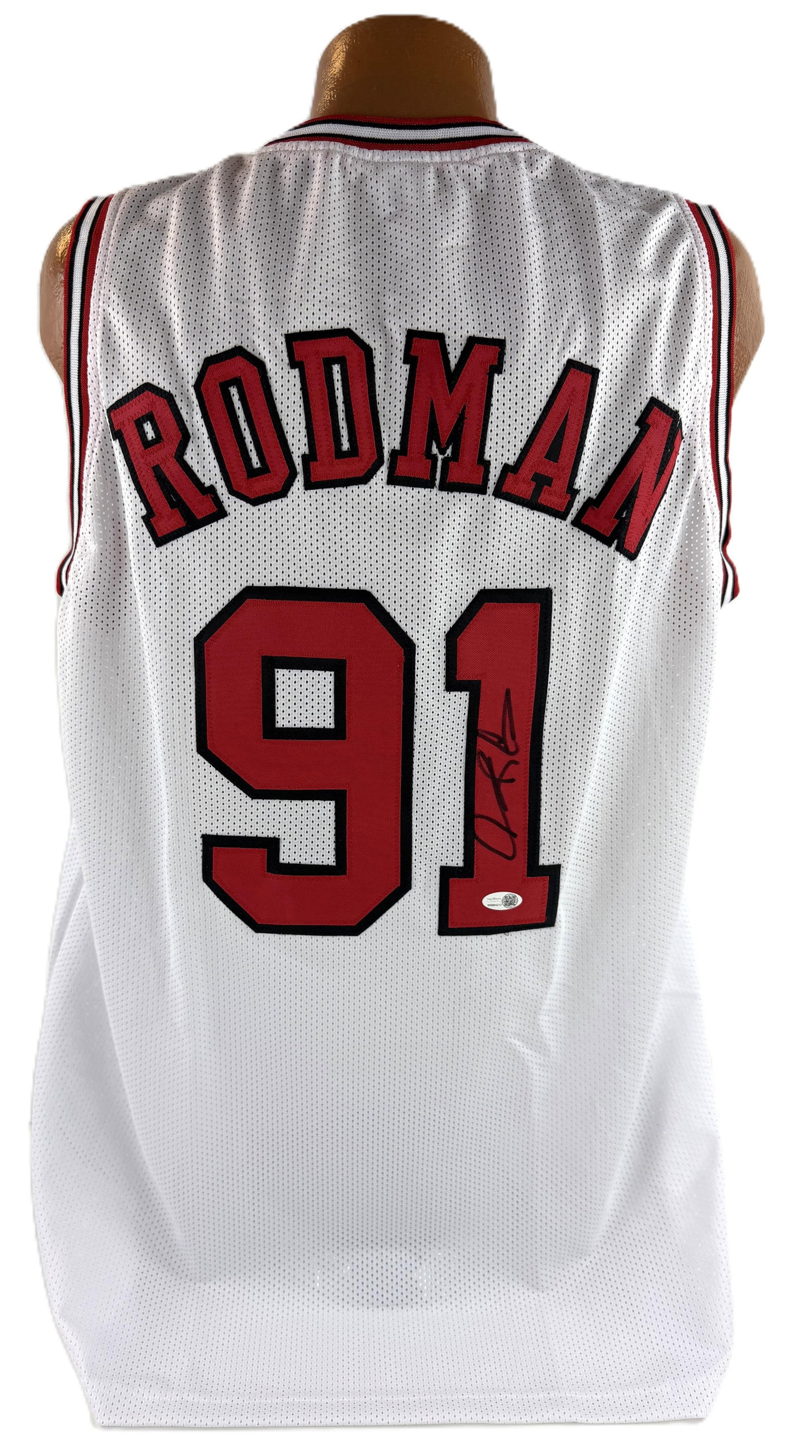 Dennis Rodman Signed Bulls Jersey, JSA Witnessed: Dennis Rodman n.p., ca. 2025 Dennis Rodman Signed Bulls Jersey, JSA Witnessed Signed Apparel Dennis Rodman (b. 1961) signed Chicago Bulls number 91 Rodman jersey, witnessed by JSA with a QR label link