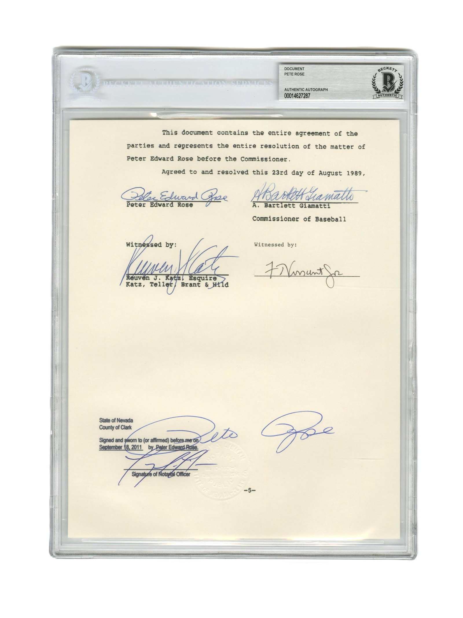 Pete Rose Official Notarized Souvenir Copy of the "Banishment from Baseball" Document Hand-Signed by (1 of 2)