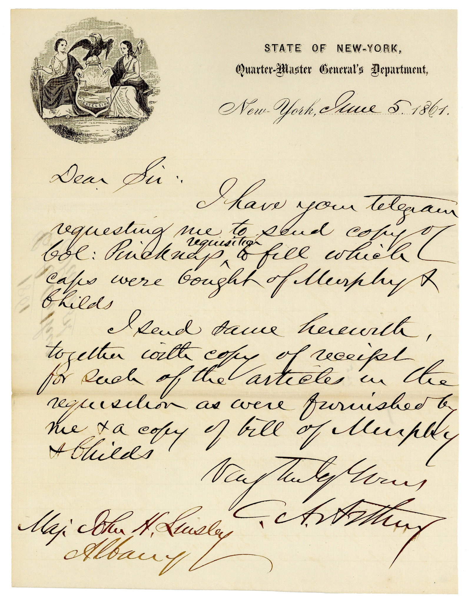 Chester Arthur Civil War Date ALS From Quartermaster's Dept. Providing Info On Union Army Caps, (1 of 3)