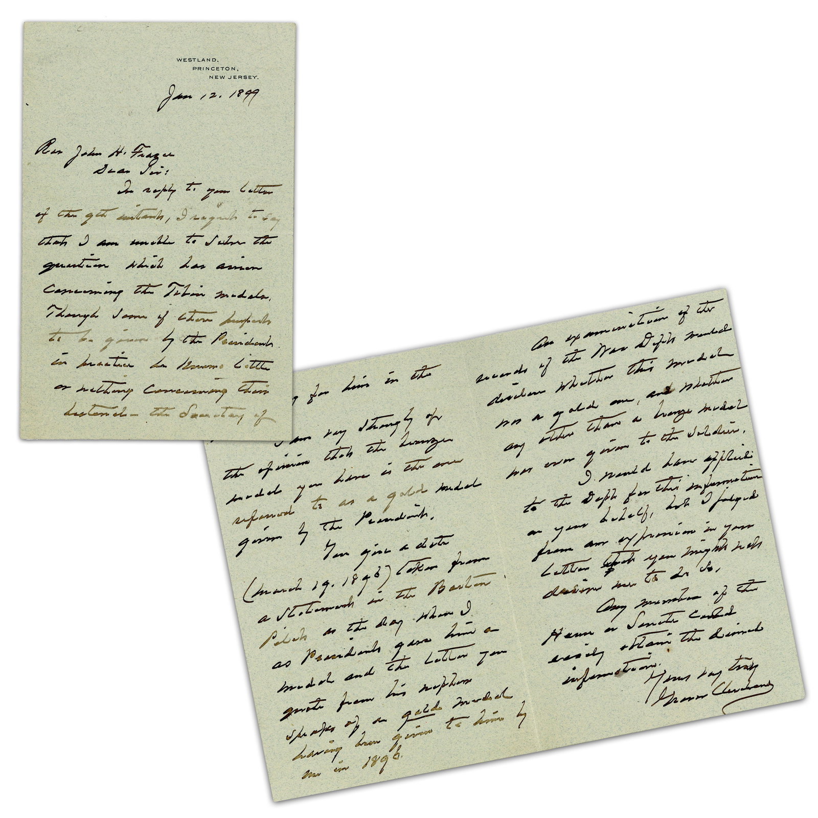 Grover Cleveland ALS Re: Irish-Born Civil War Veteran & M.O.H. Recipient John M. Tobin: Grover Cleveland [Princeton, NJ], January 12, 1899 Grover Cleveland ALS Re: Irish-Born Civil War Veteran & M.O.H. Recipient John M. Tobin ALS A 3pp autograph letter signed by former 22nd/24th U.S. Pre
